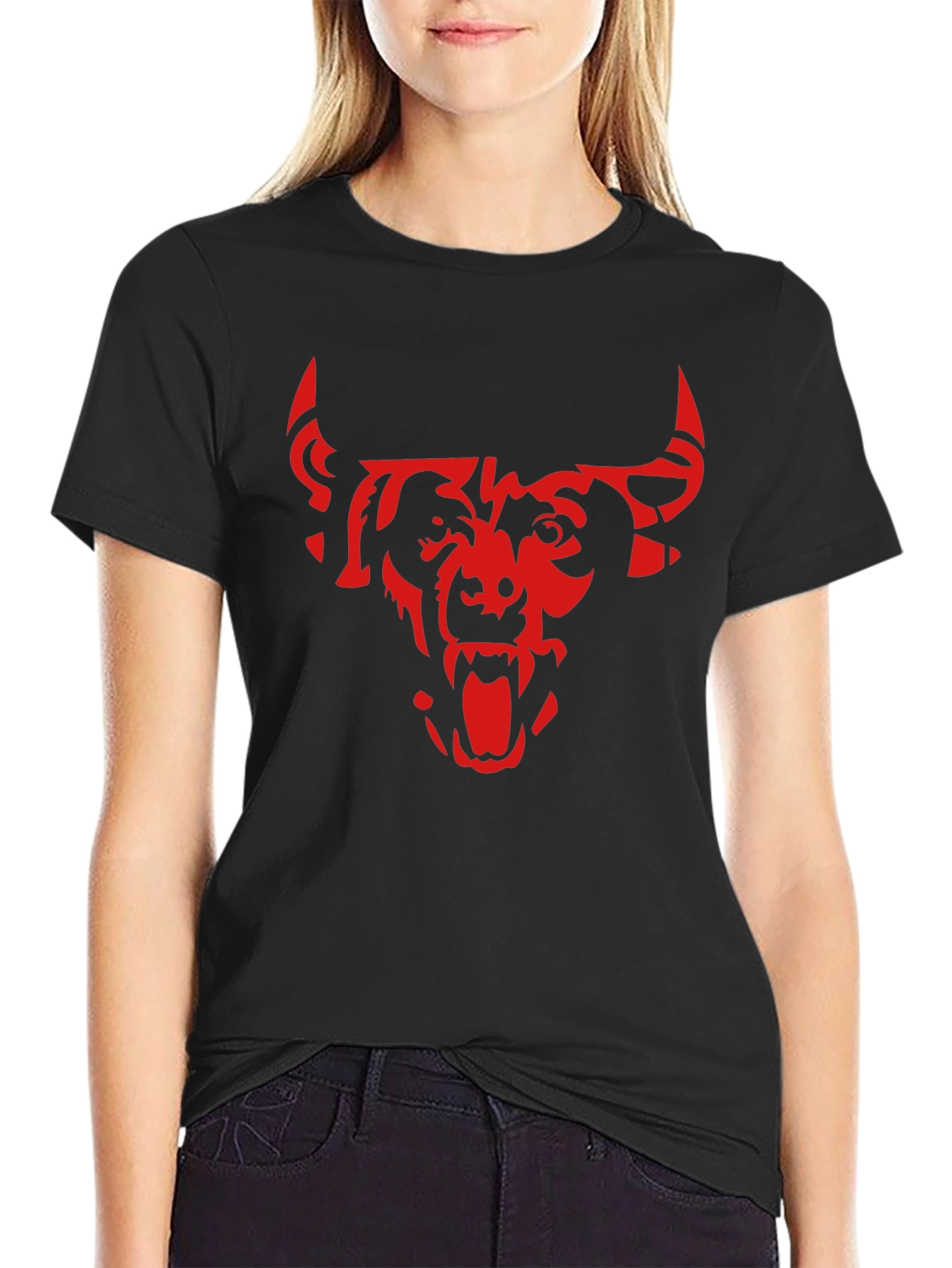 Black Men's Black T-Shirt with Red Bull Graphic view 2