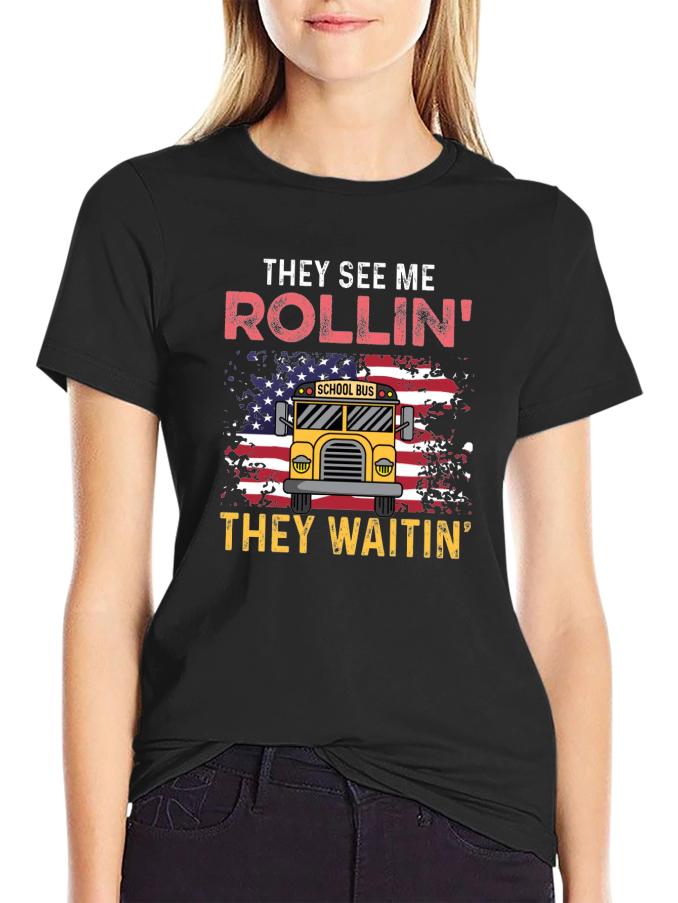 Black They See Me Rollin' T-Shirt School Bus view 2
