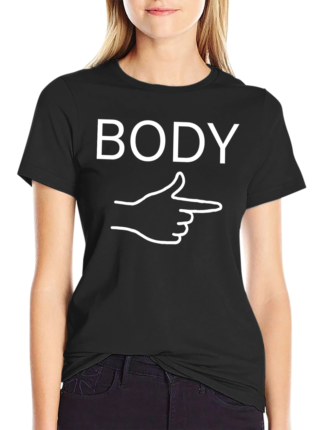 Black Funny BODY Pointing Hand Graphic Tee view 2