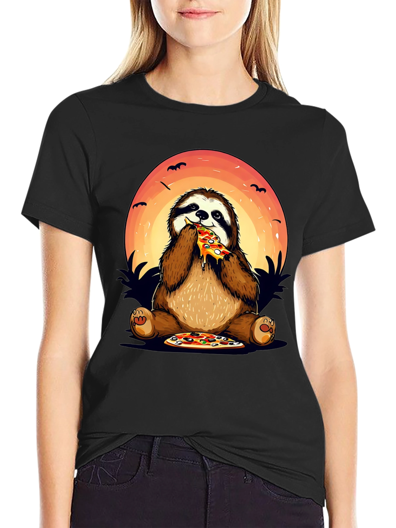 Black Sloth Pizza Lover Graphic T-Shirt view 2
