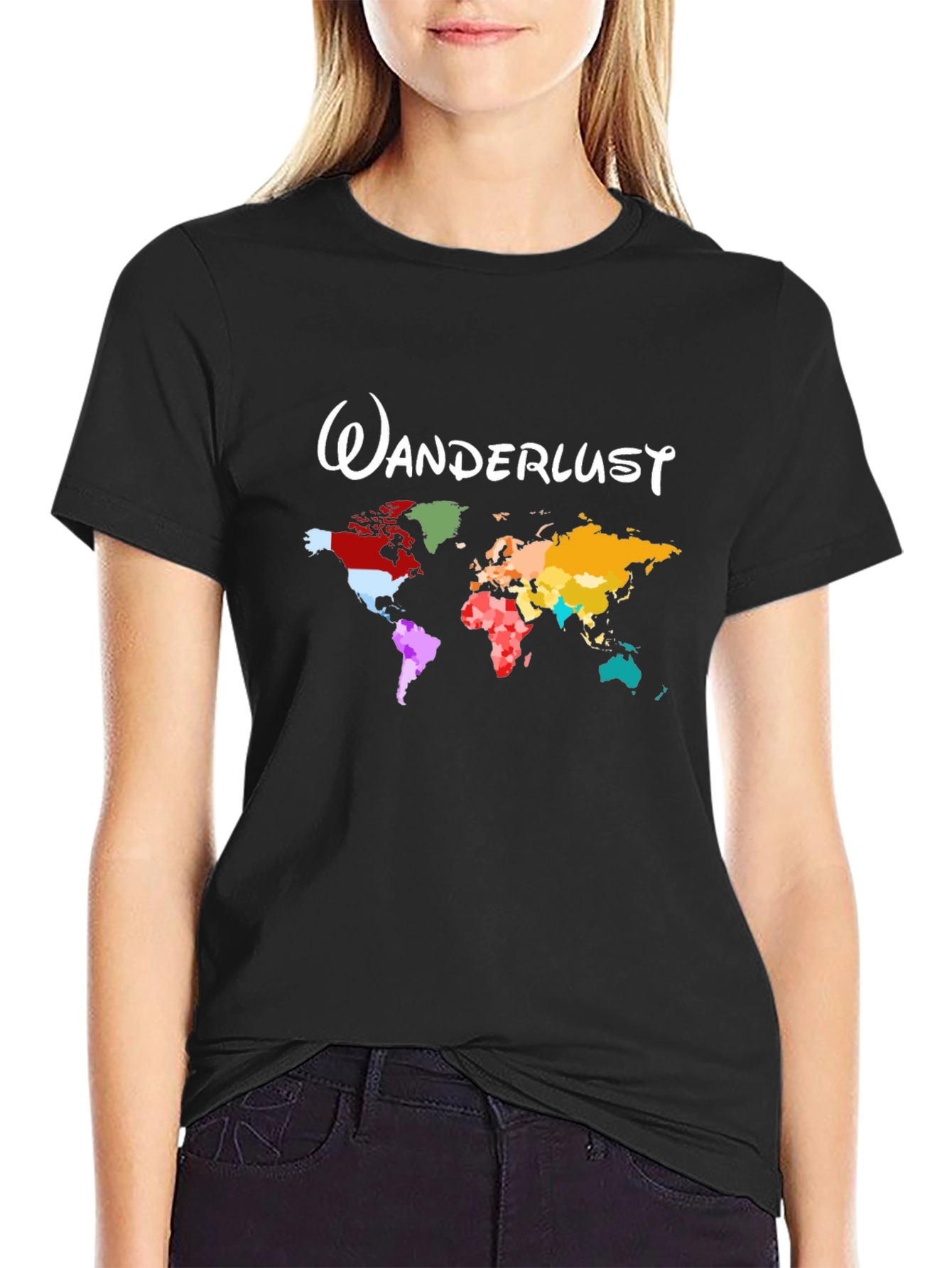 Black Wanderlust World Map Black T-Shirt view 2