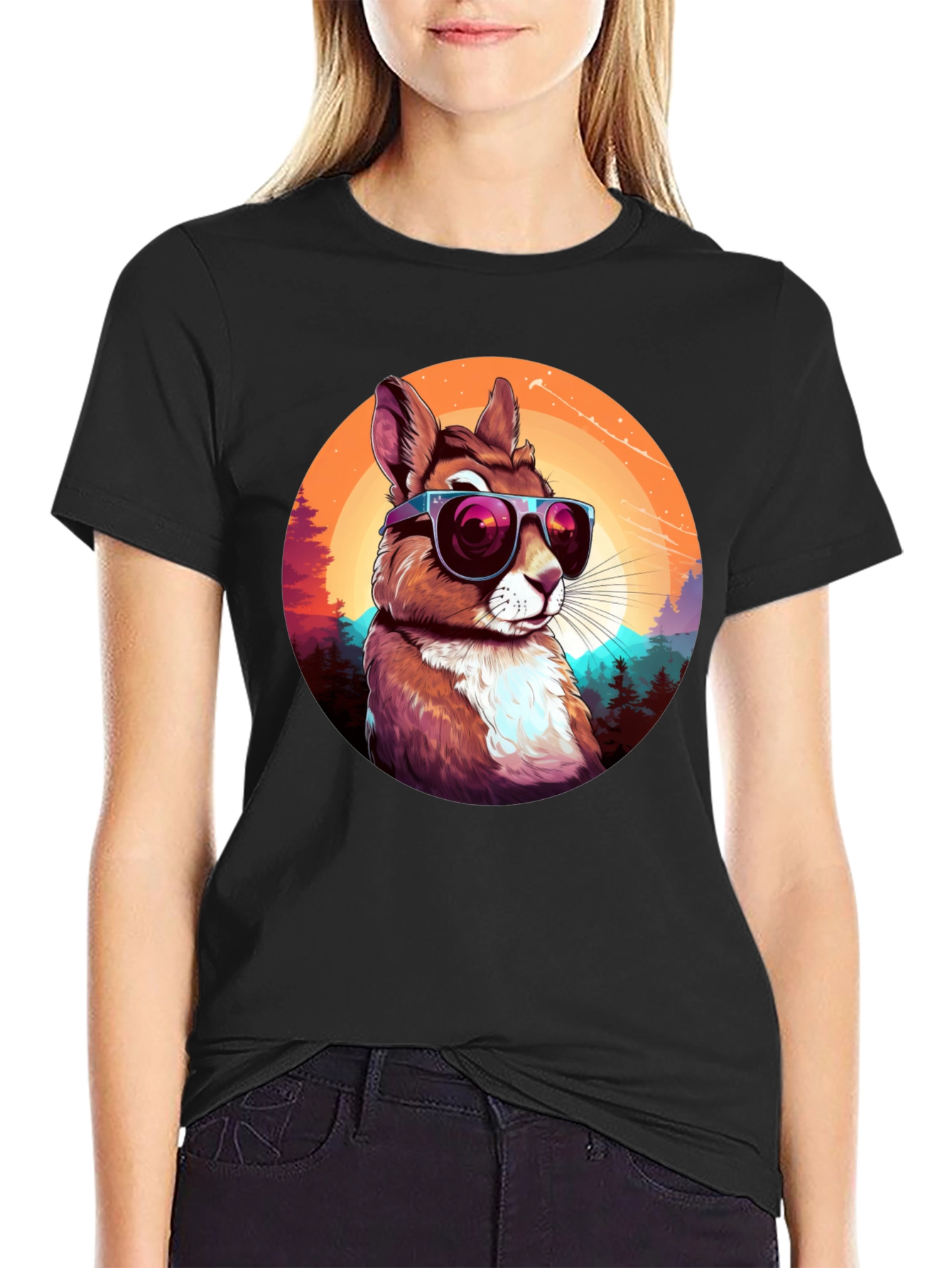 Black Cool Squirrel Graphic Tee - Retro Sunset Design view 2