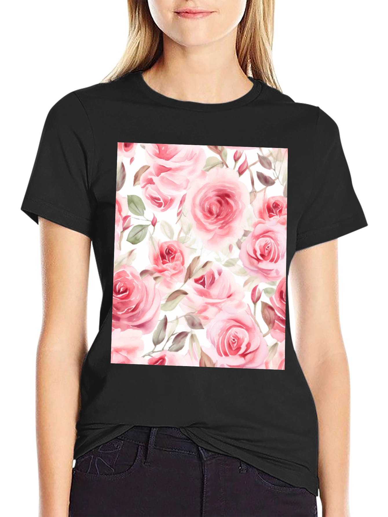 Black Floral Rose Print Black T-Shirt view 2