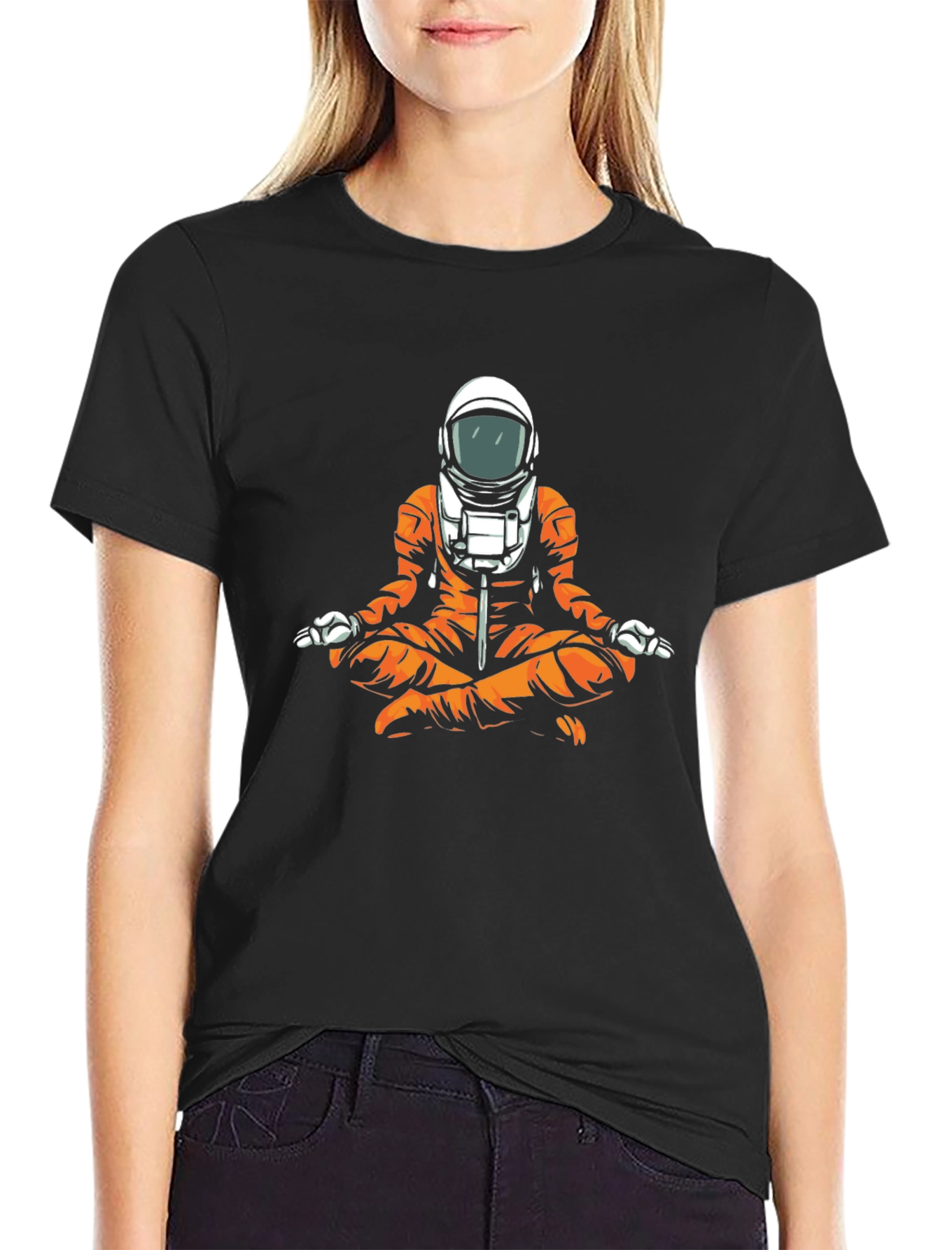Black Meditating Astronaut Graphic T-Shirt - Space Yogi Tee view 2