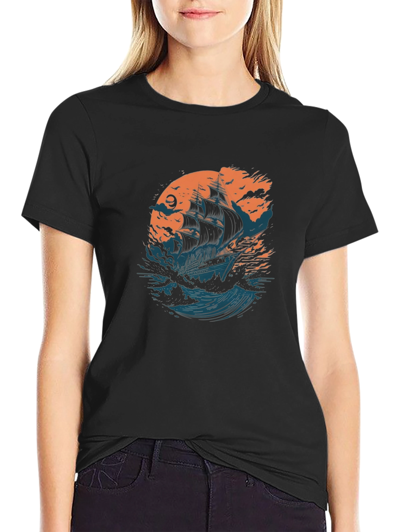 Black Sailing Ship Graphic Black T-Shirt view 2