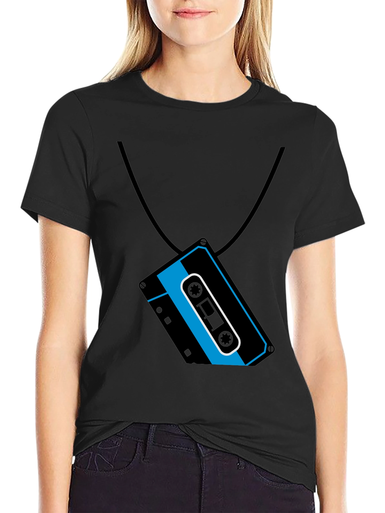 Black Retro Cassette Tape Necklace Graphic T-Shirt view 2
