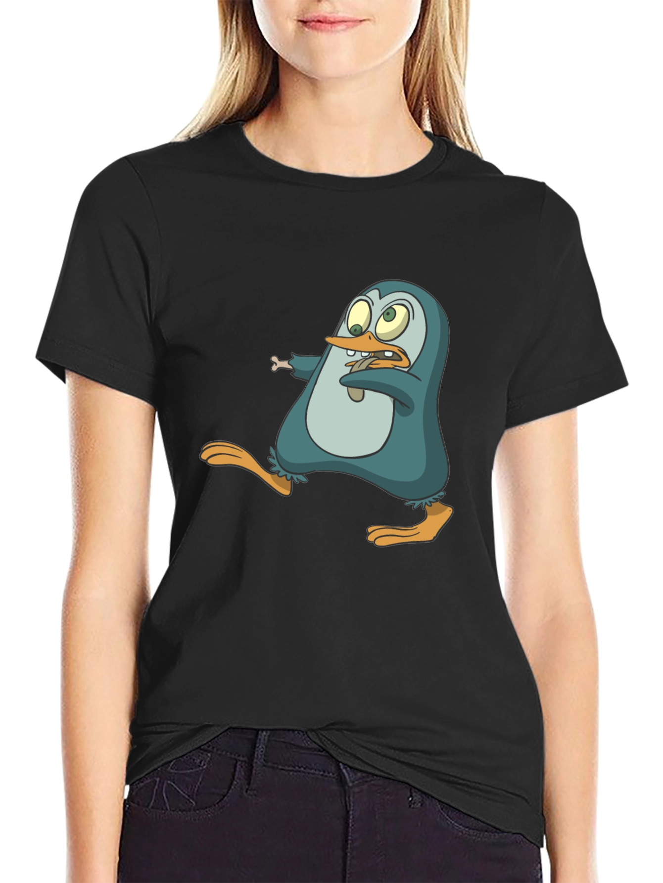 Black Cartoon Penguin Graphic Tee - Men's Black T-Shirt view 2