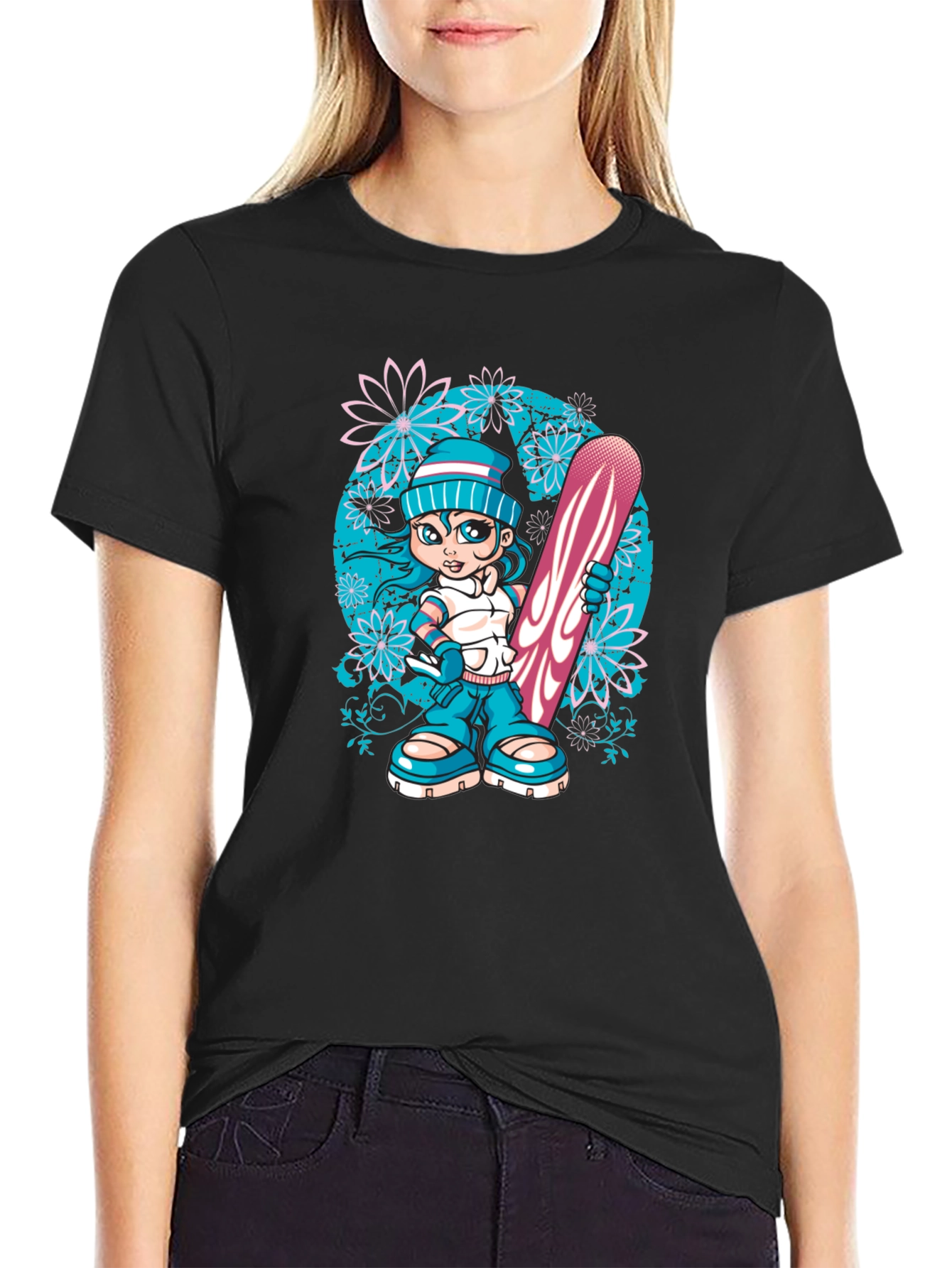 Black Snowboard Girl Graphic T-Shirt - Black Cotton Tee view 2