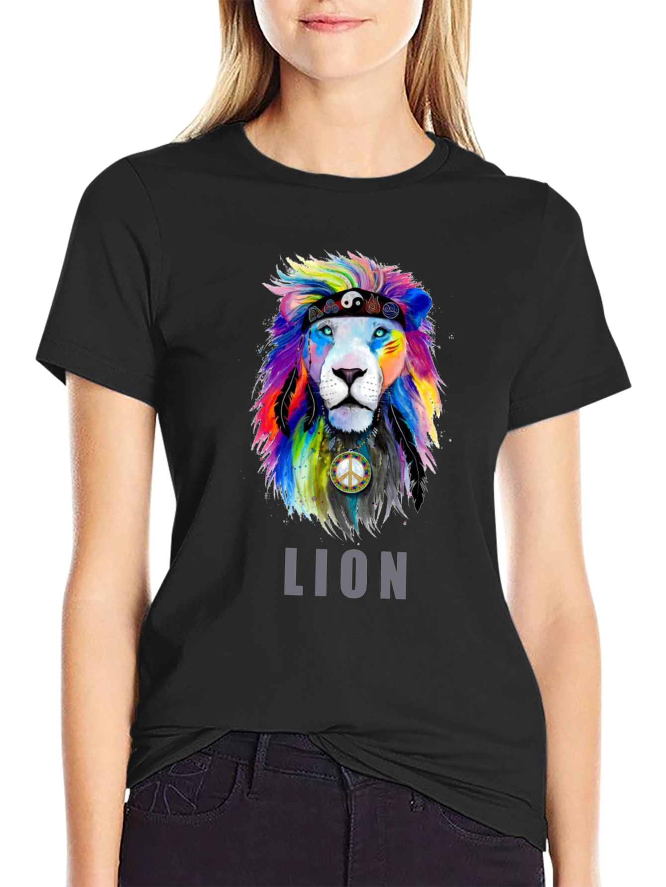 Black Colorful Lion Graphic Tee - Peace & Pride T-Shirt view 2