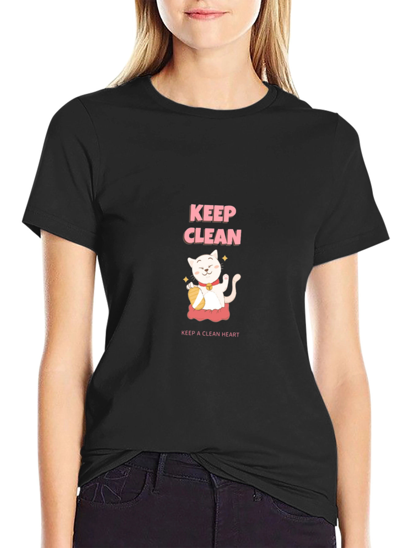 Black Keep Clean Black T-Shirt - Cute Cat Design view 2