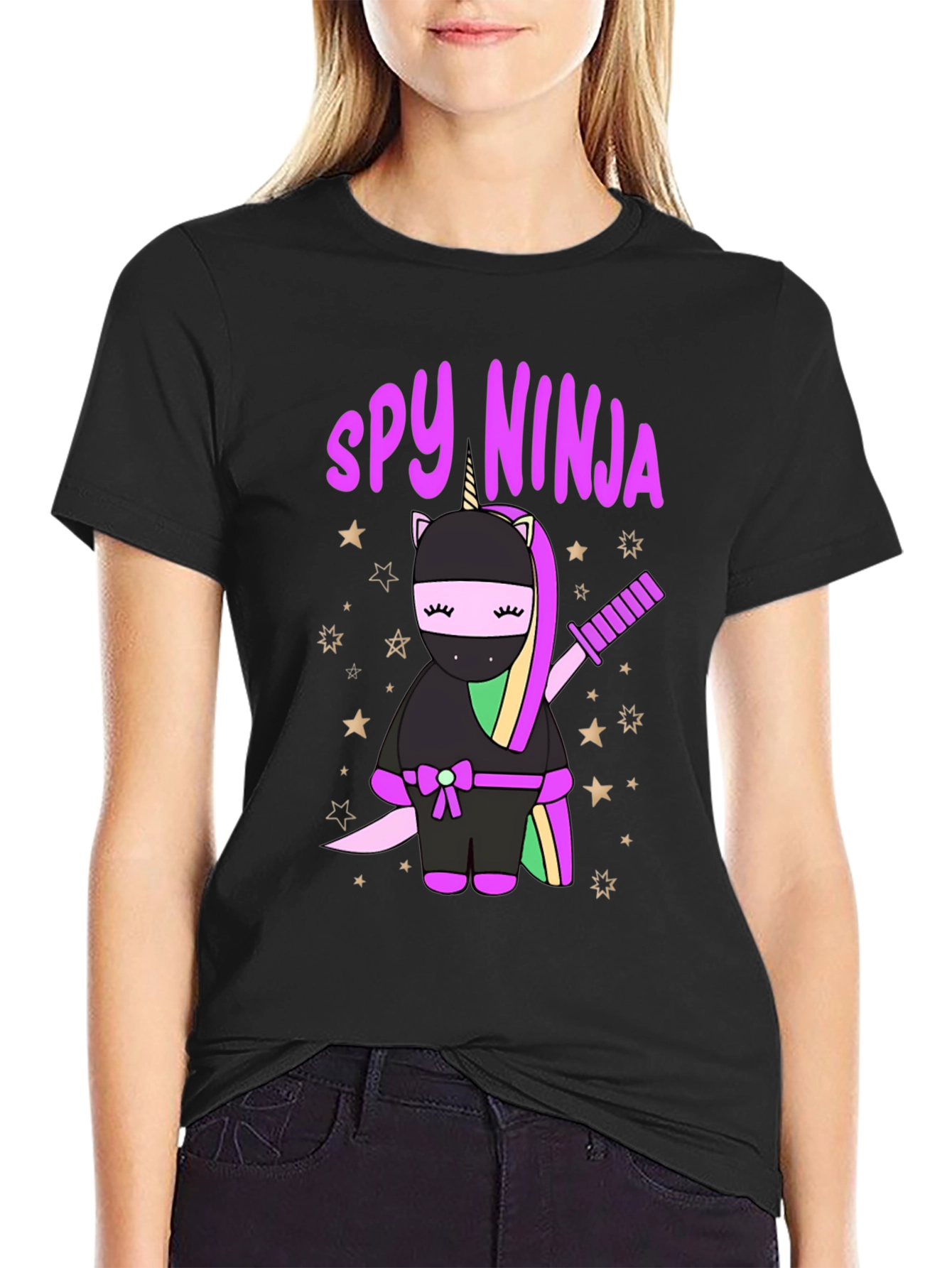 Black Spy Ninja Unicorn Graphic T-Shirt view 2