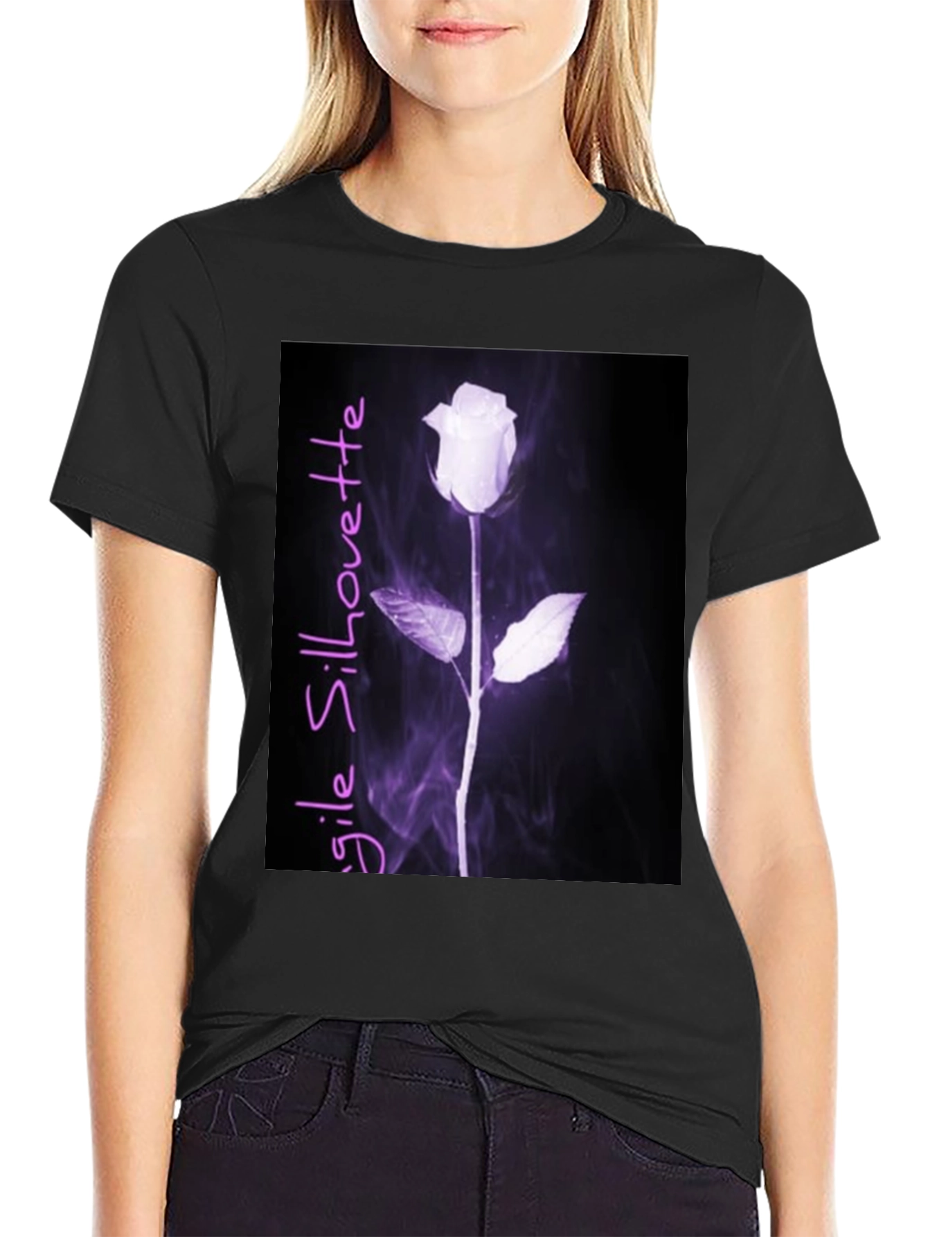 Black Fragile Silhouette Rose Graphic Tee - Black view 2