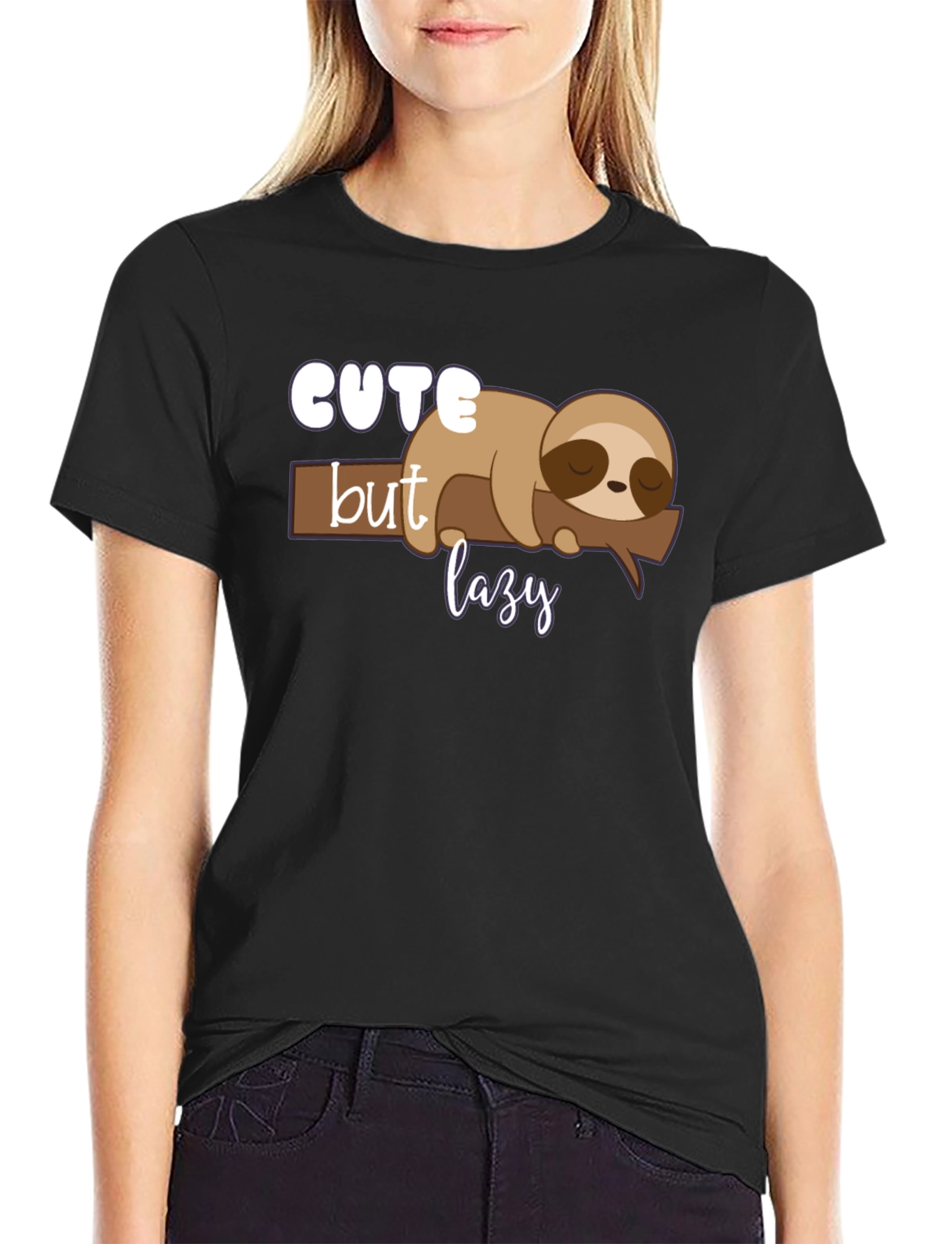 Black Cute But Lazy Sloth Graphic Tee view 2