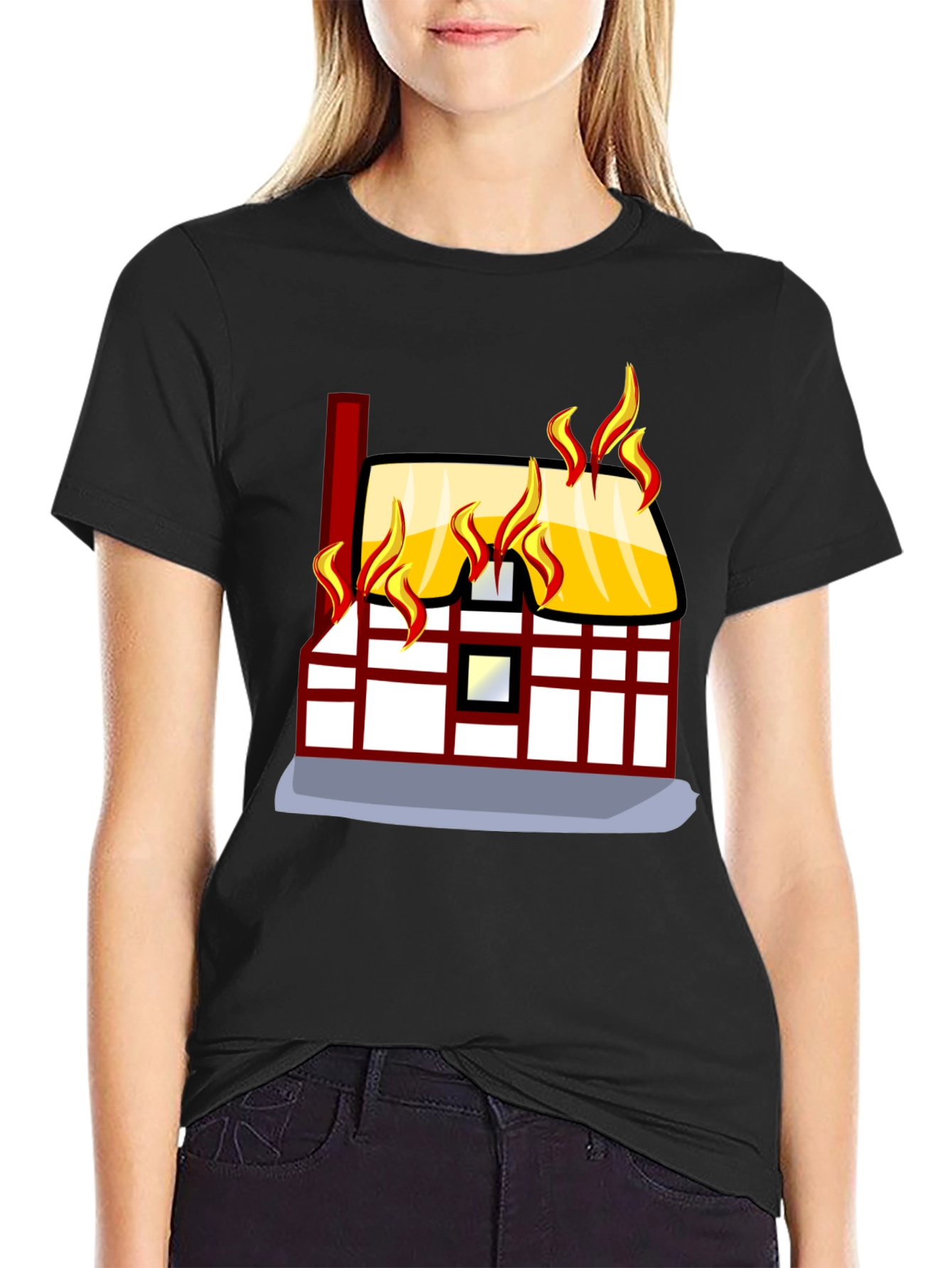 Black Burning House Graphic Tee - Black Cotton T-Shirt view 2