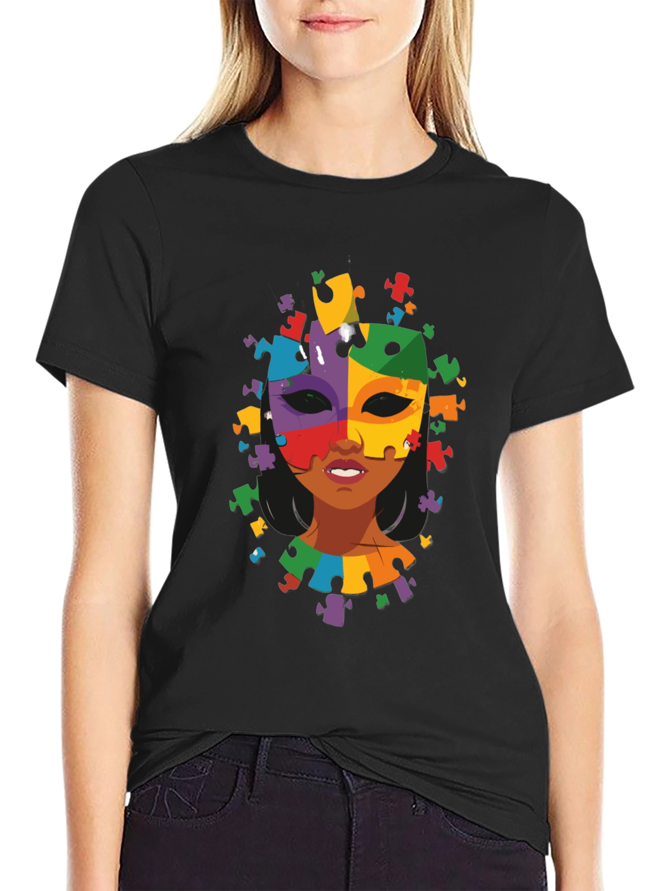 Black Autism Awareness Puzzle Piece Mask Tee view 2