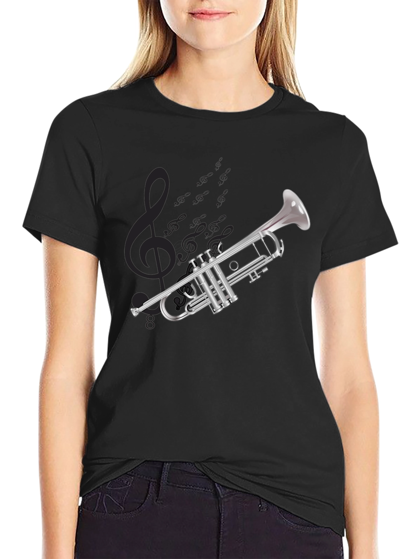 Black Musical Trumpet Graphic T-Shirt - Black Cotton Tee view 2