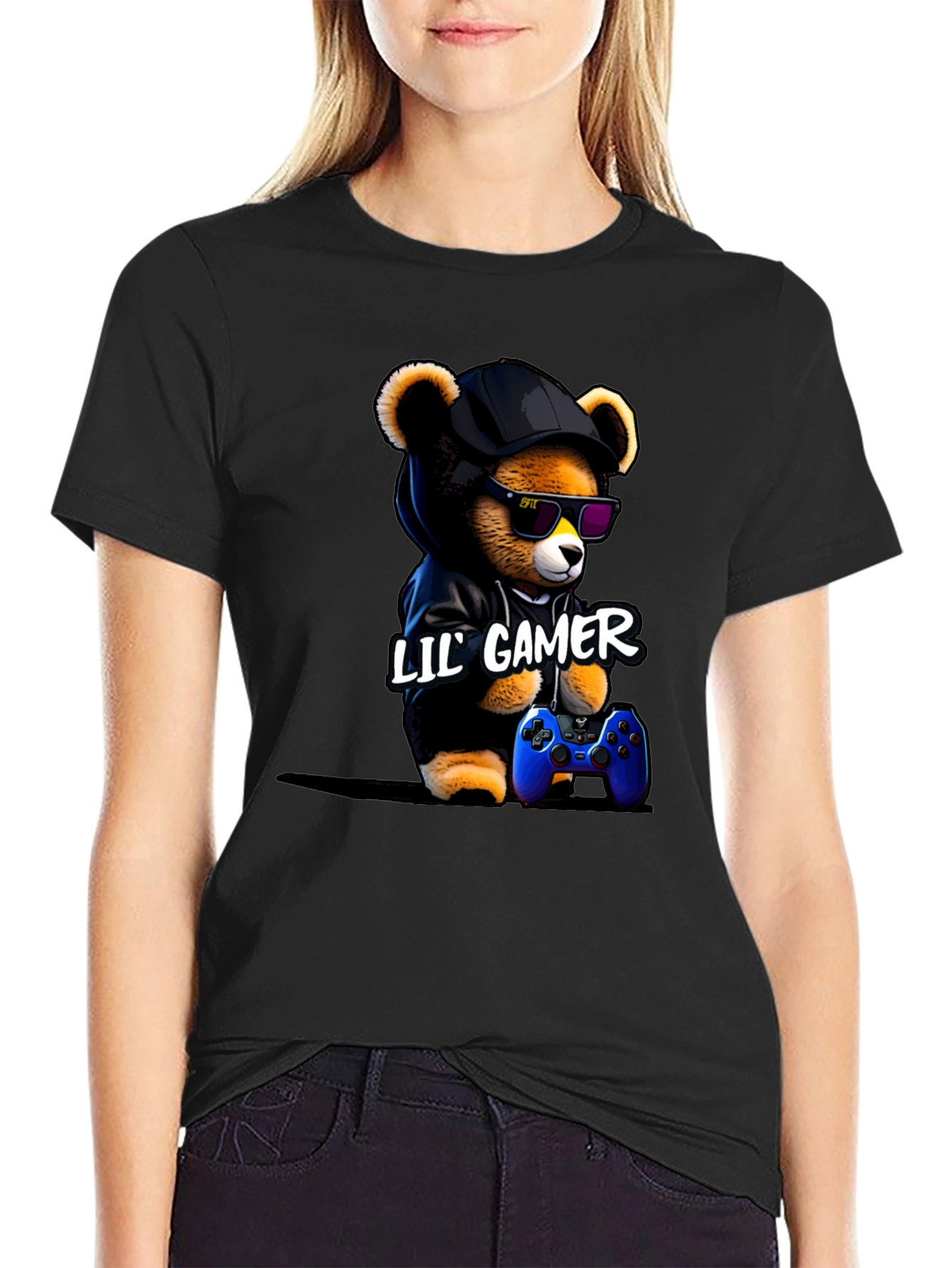Black Lil' Gamer Bear T-Shirt view 2