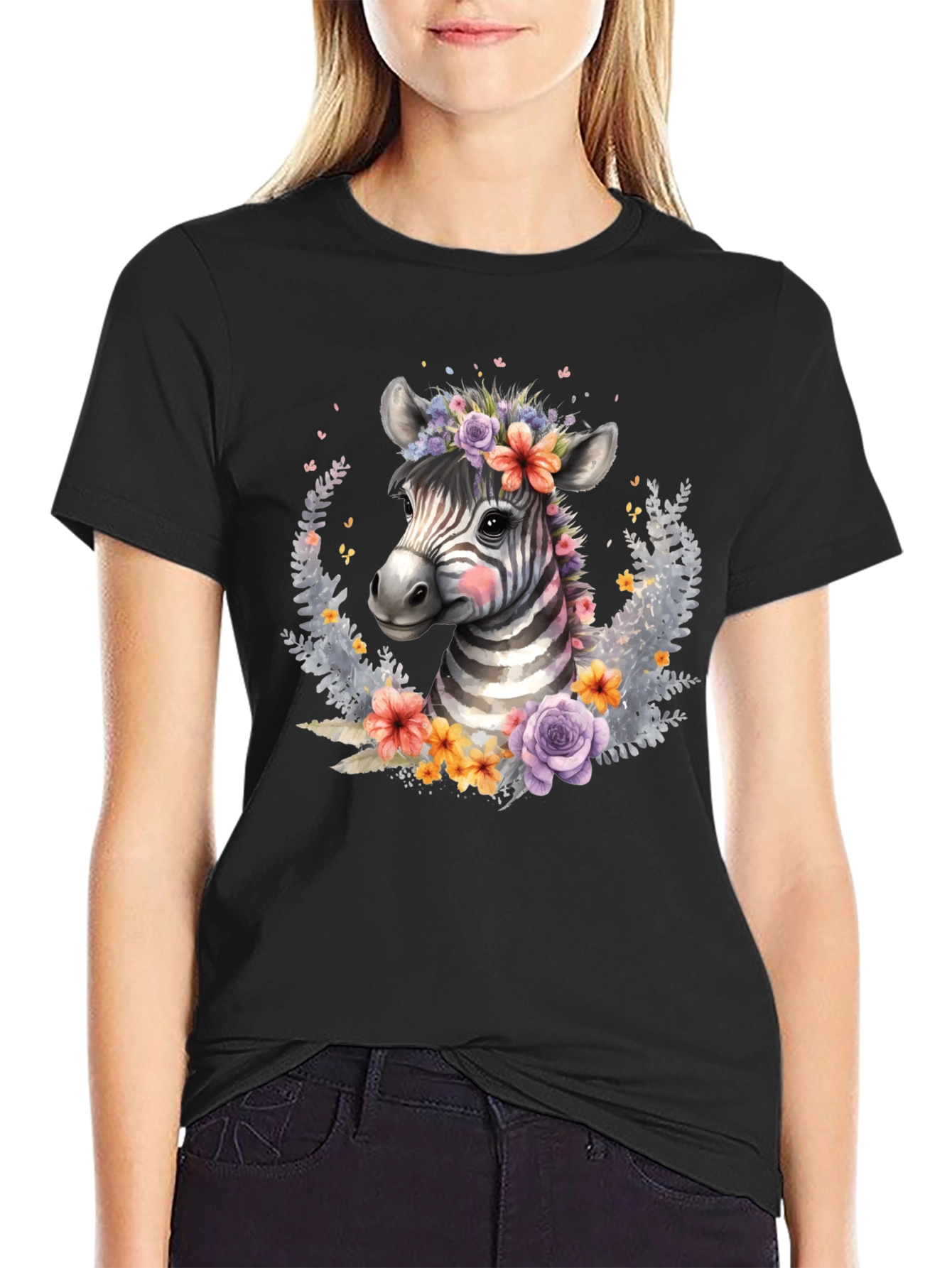 Black Floral Zebra Graphic T-Shirt - Unisex view 2