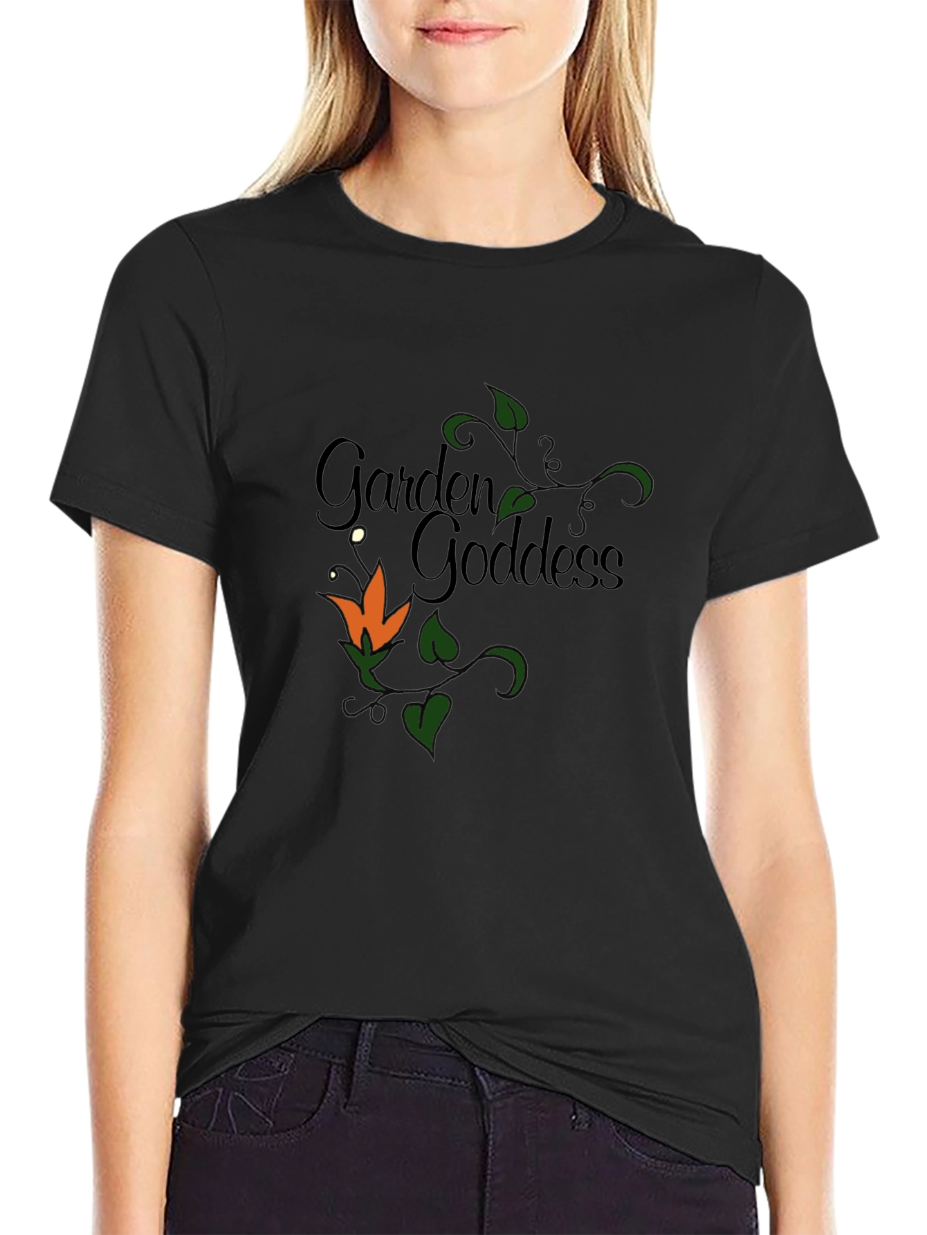 Black Garden Goddess T-Shirt - Floral Design view 2