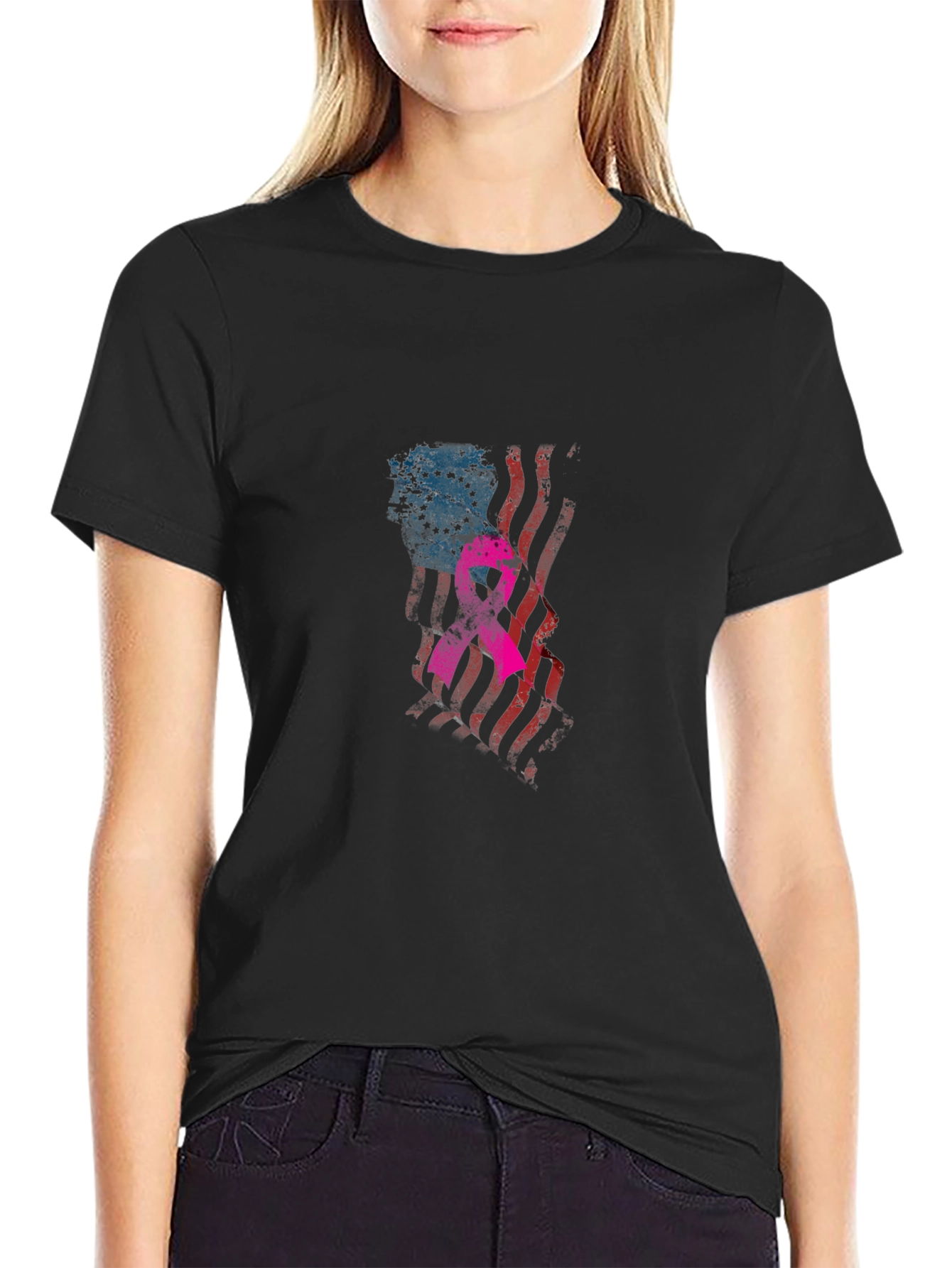 Black Patriotic Breast Cancer Awareness T-Shirt view 2