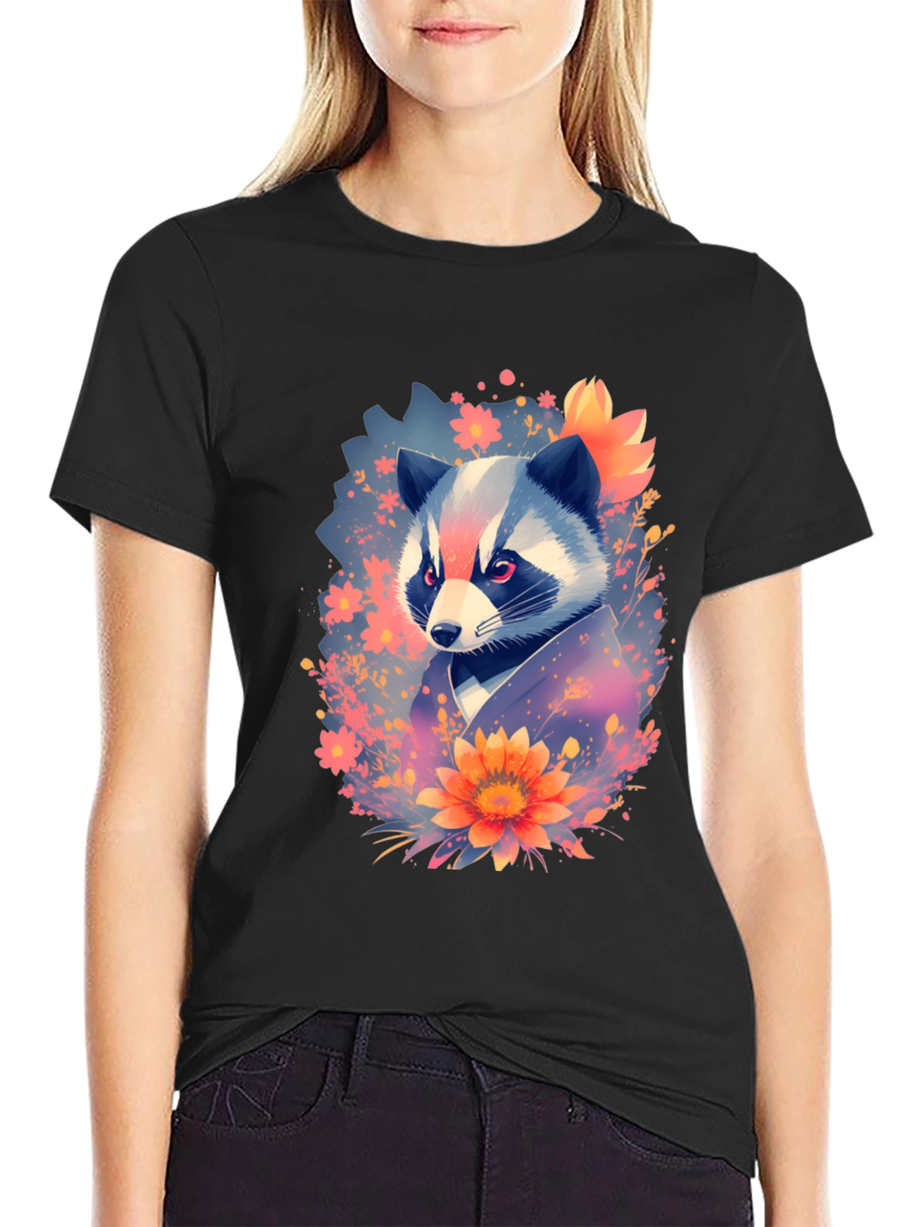 Black Floral Raccoon Graphic Black T-Shirt view 2