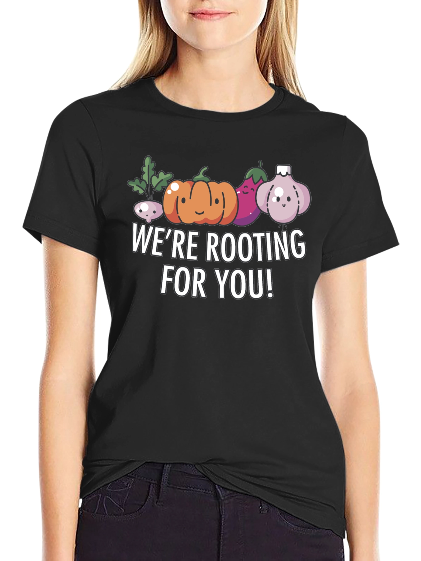 Black We're Rooting For You T-Shirt - Cute Vegetable Pun view 2