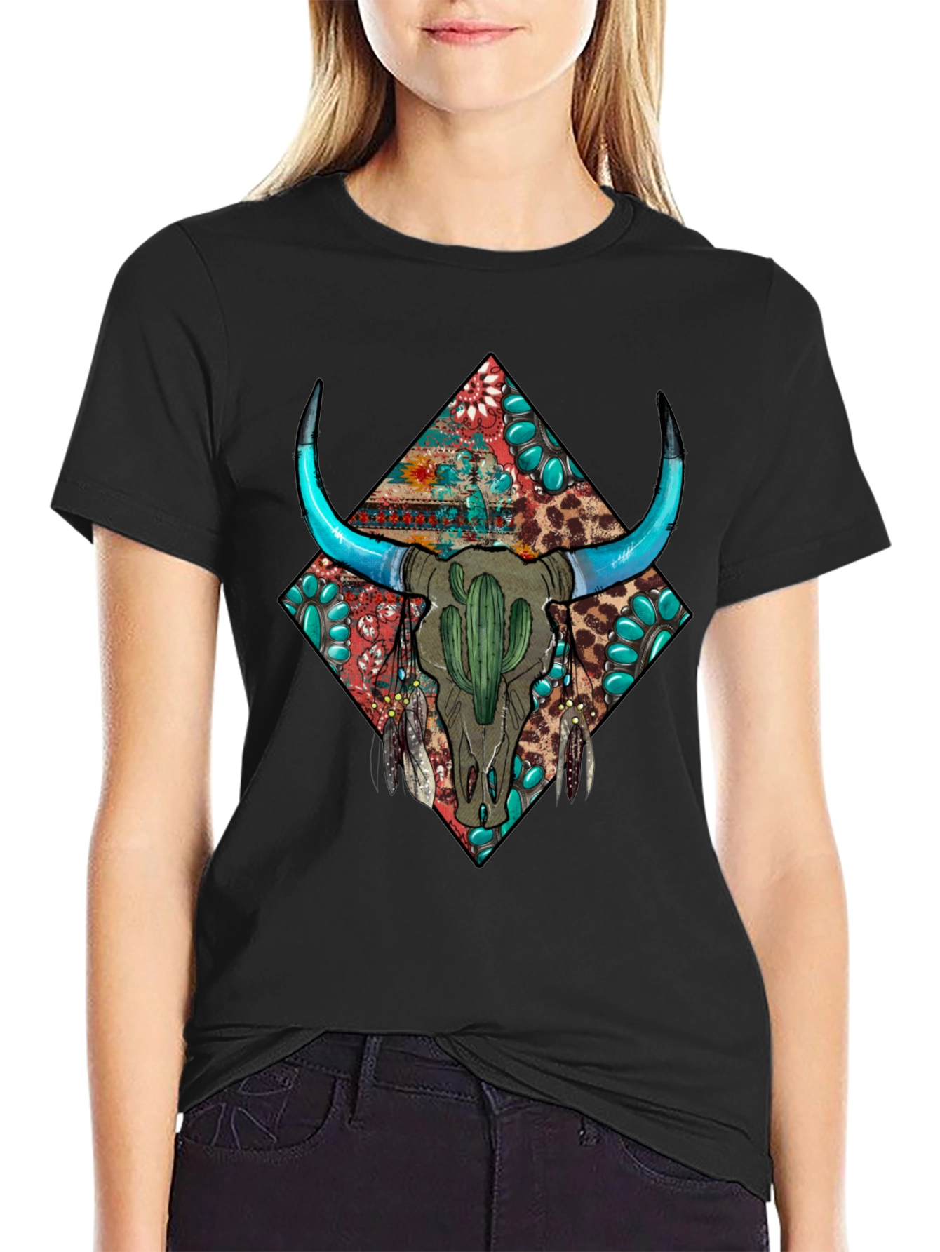 Black Boho Bull Skull Graphic Tee - Western Style view 2