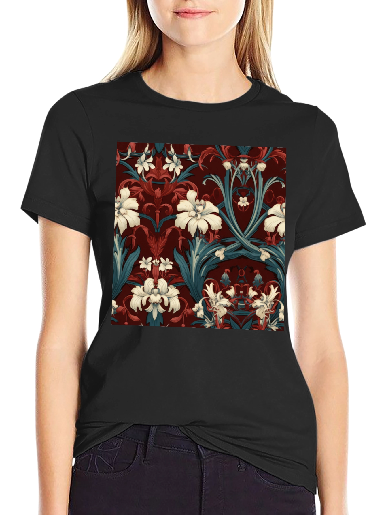 Black Floral Pattern Print T-Shirt view 2