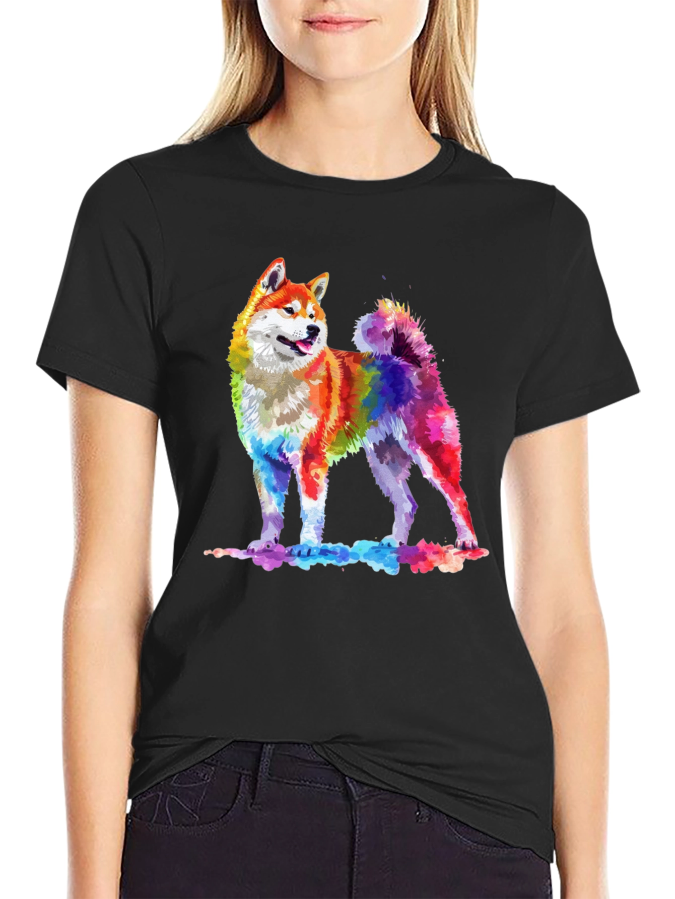 Rainbow Akita Dog Graphic Tee - Stylish Men's Black T-Shirt - 2