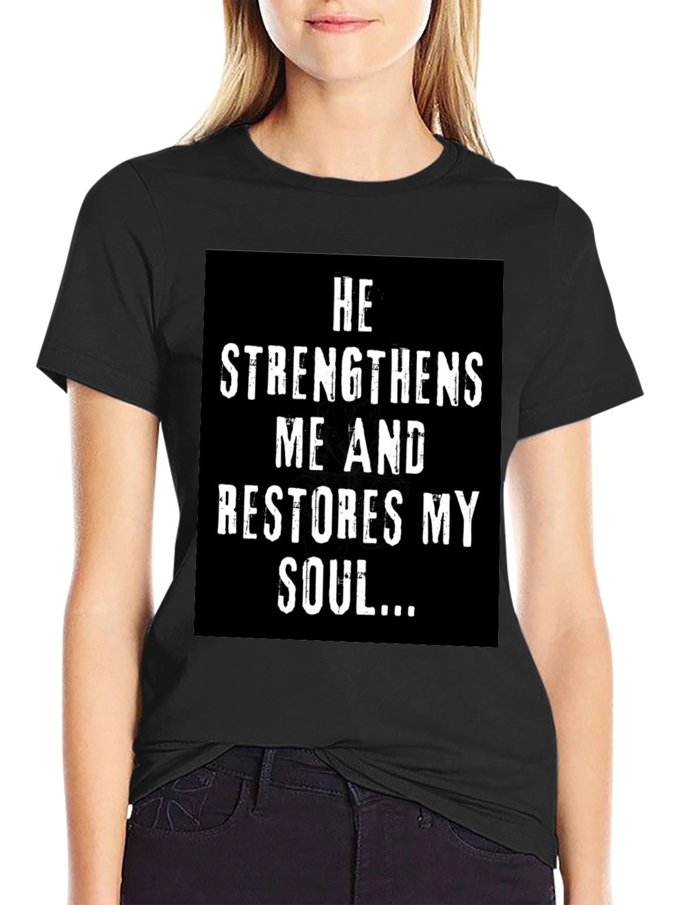 Black Faith-Inspired Black T-Shirt: He Strengthens Me... view 2