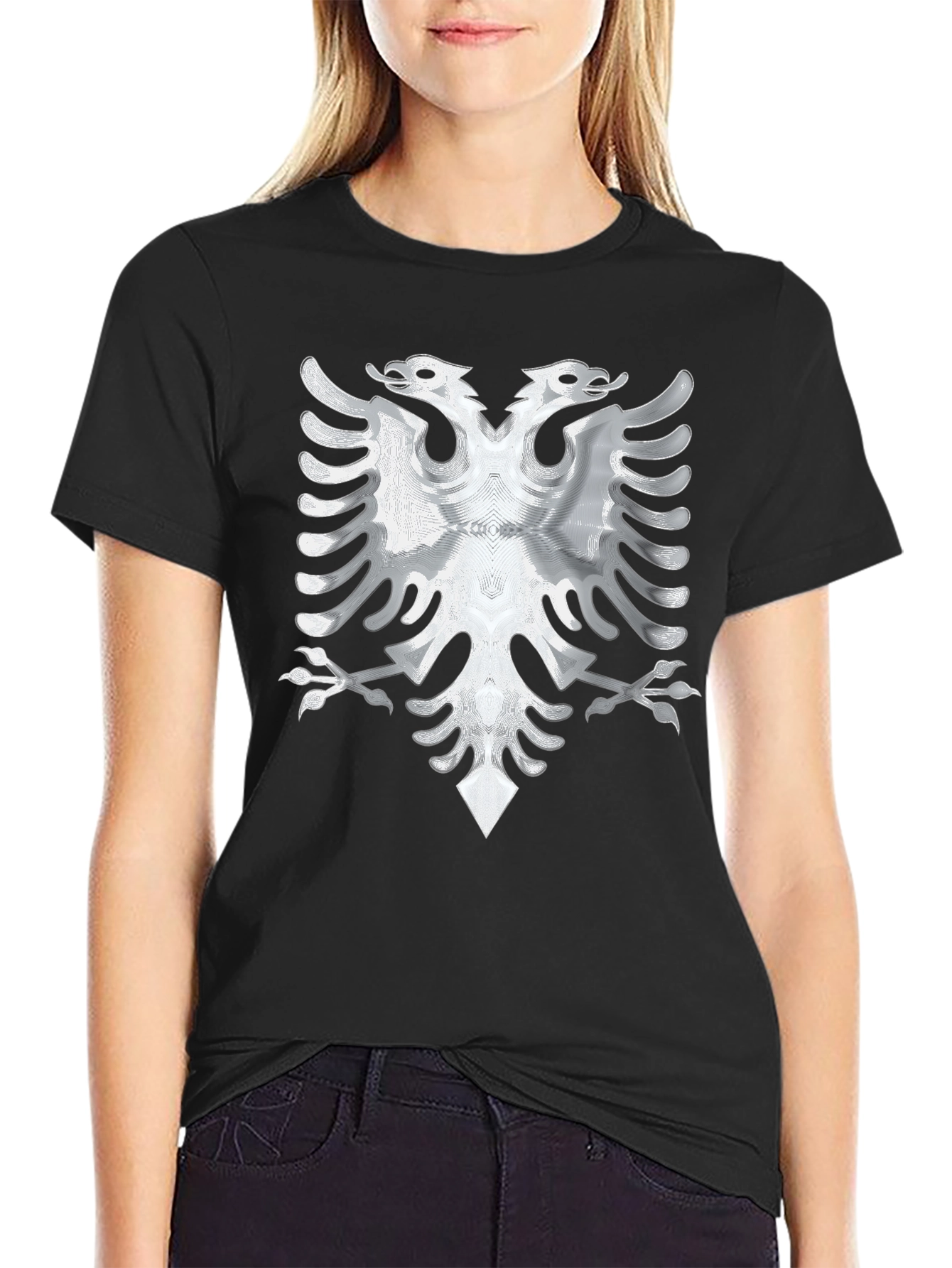 Black Tee with Silver Albanian Eagle Graphic - 2