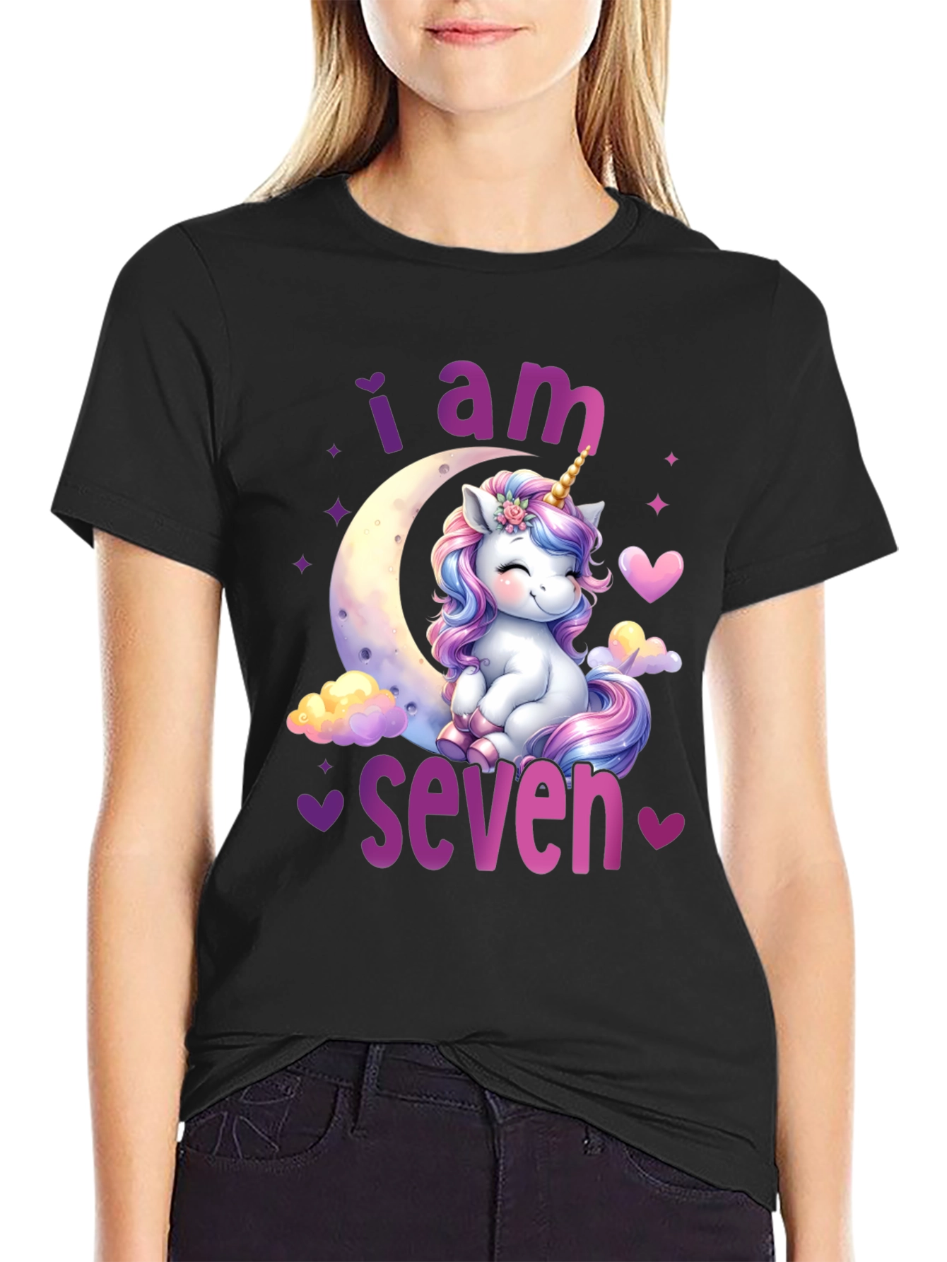 Black 7th Birthday Unicorn T-Shirt view 2