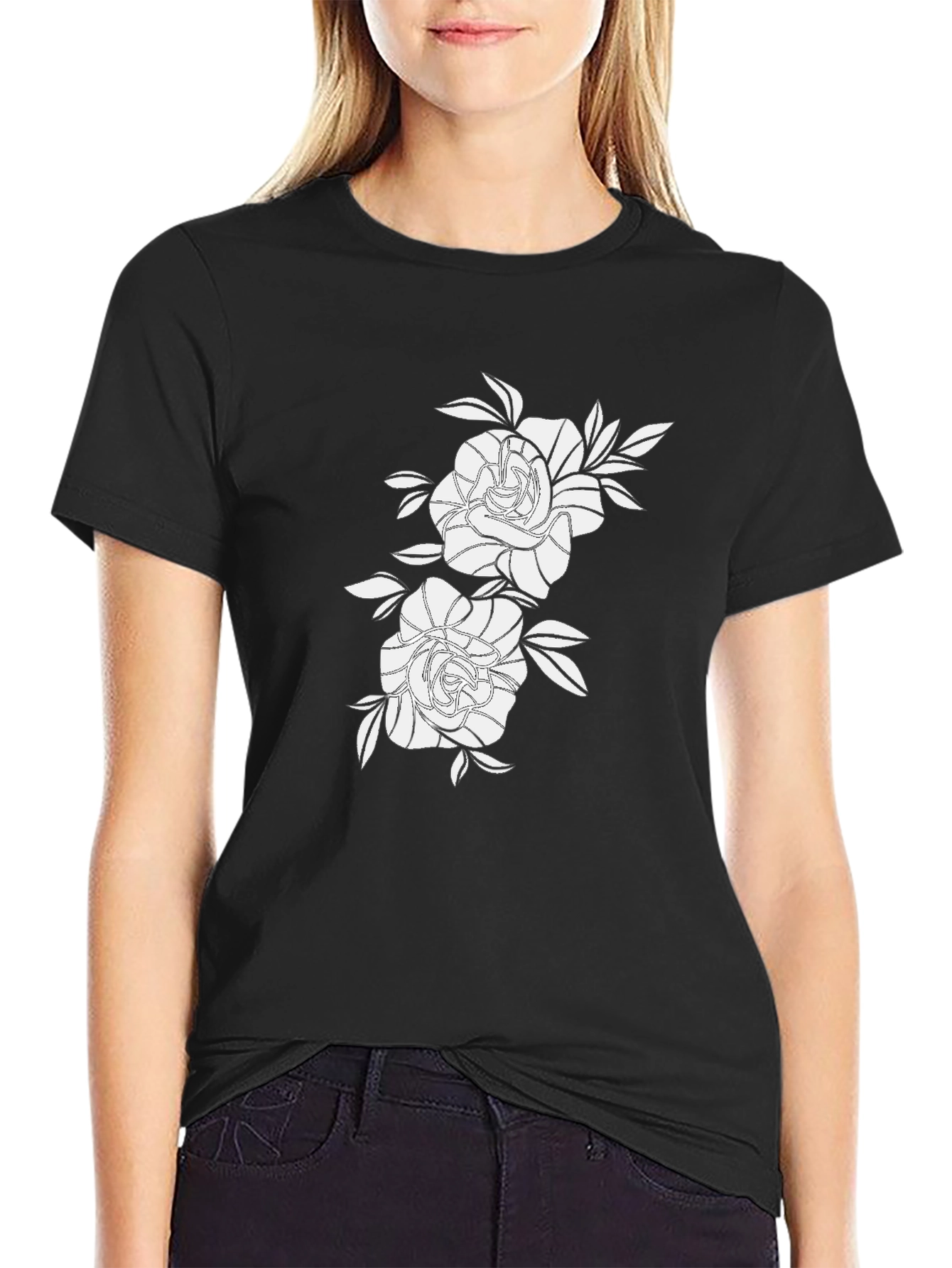 Black Black Graphic Tee with Floral Rose Design view 2