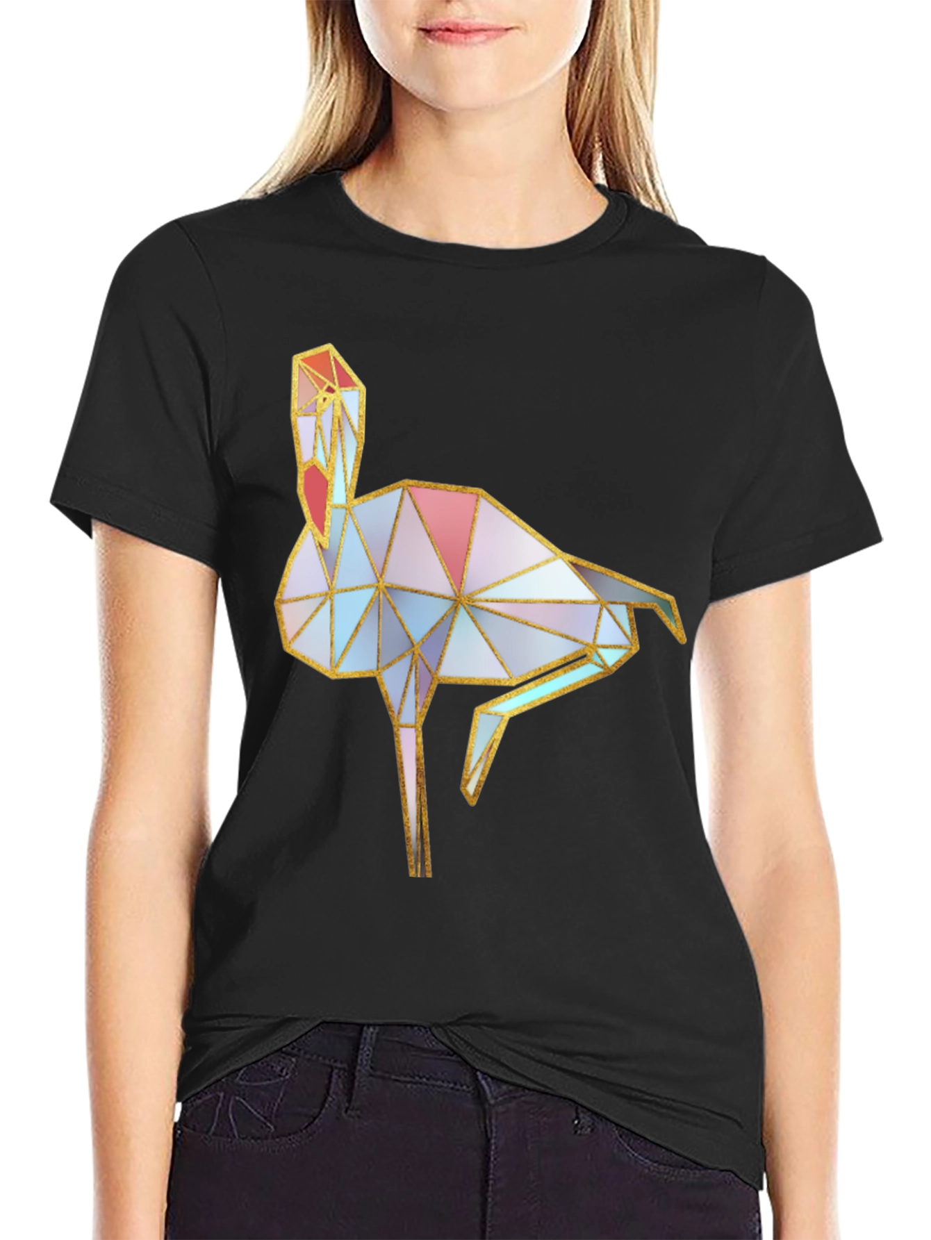 Black Geometric Flamingo Graphic Black T-Shirt view 2