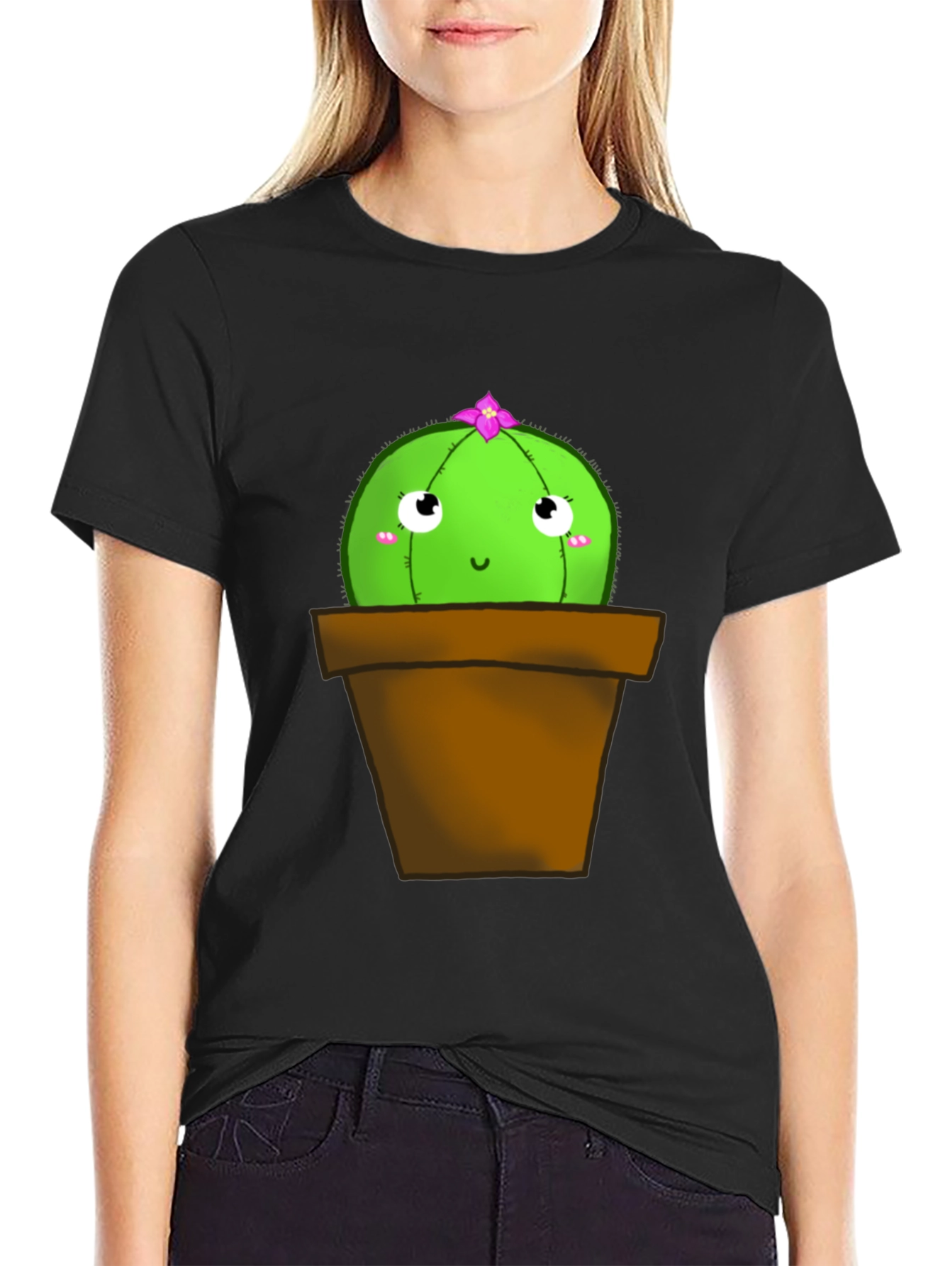 Black Cute Cactus T-Shirt - Potted Plant Graphic Tee view 2