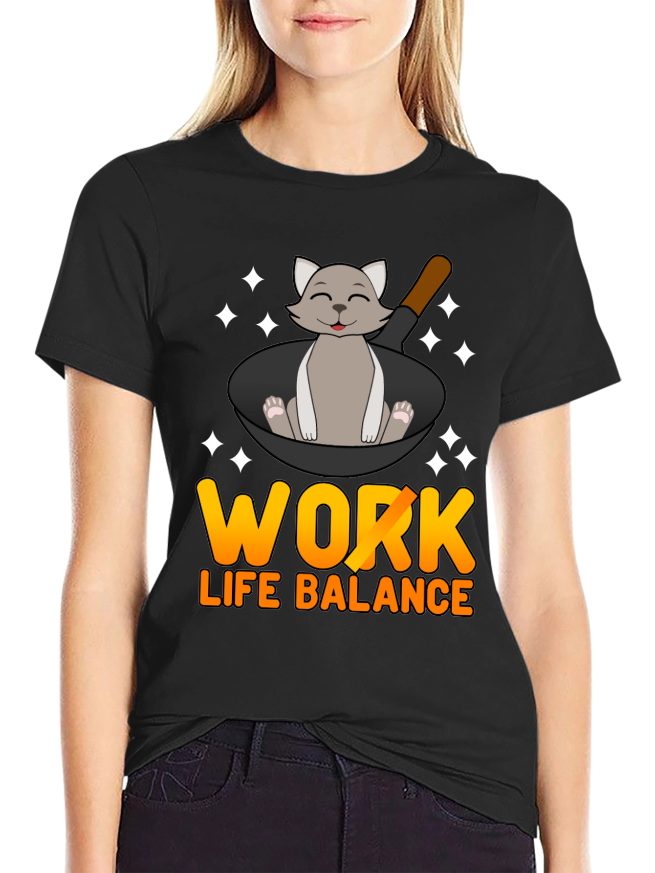 Black Work Life Balance Cat Pan T-Shirt view 2
