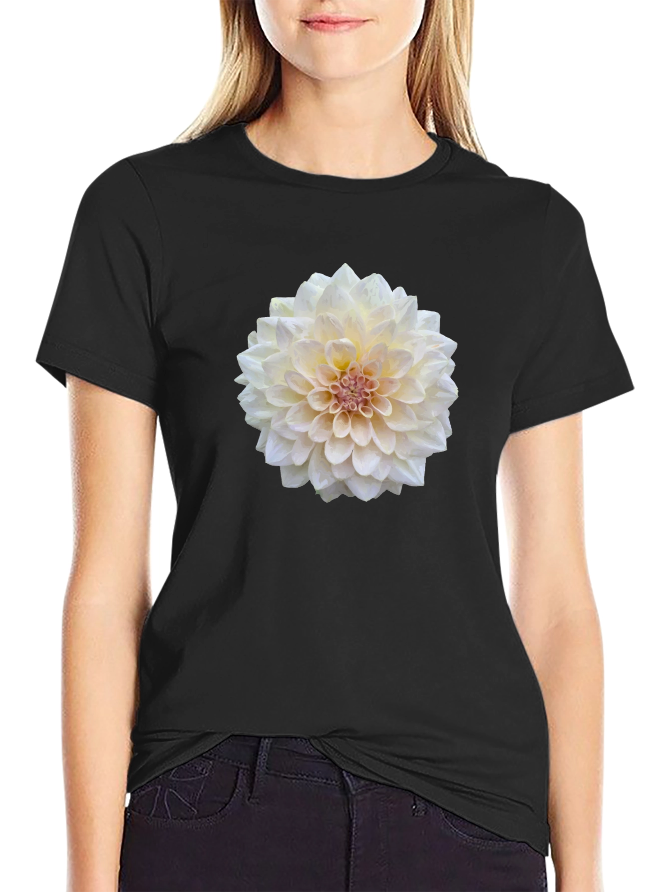 Black Floral Tee - Elegant Dahlia Flower Print T-Shirt view 2
