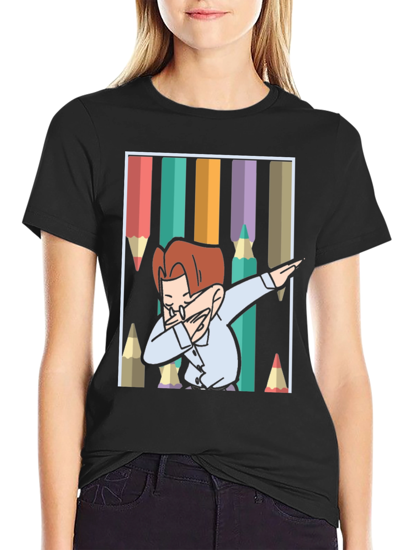 Black Dabbing Cartoon T-Shirt view 2