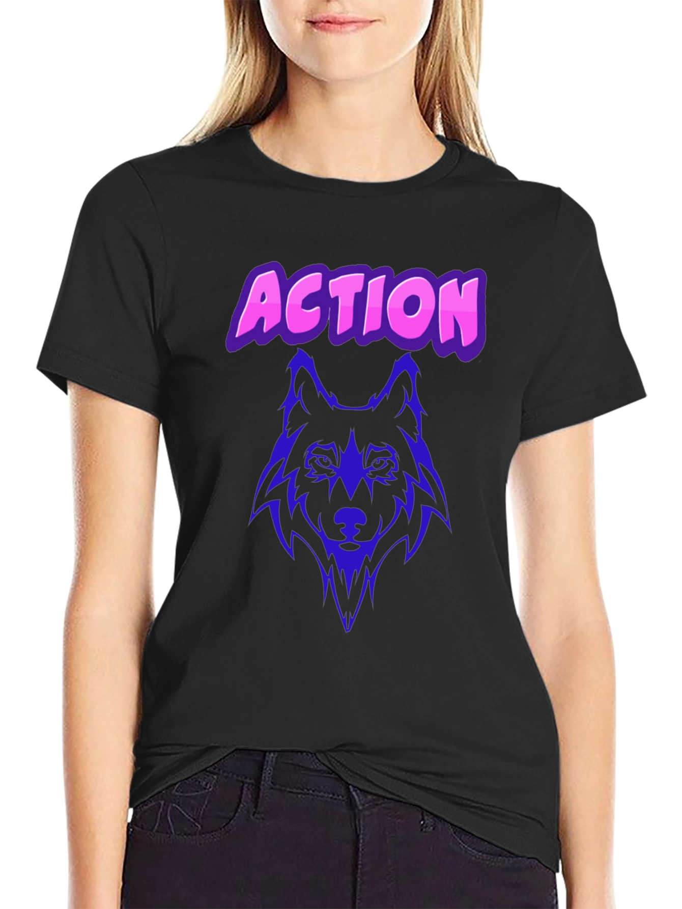 Black Action Wolf Graphic Tee - Black Cotton T-Shirt view 2