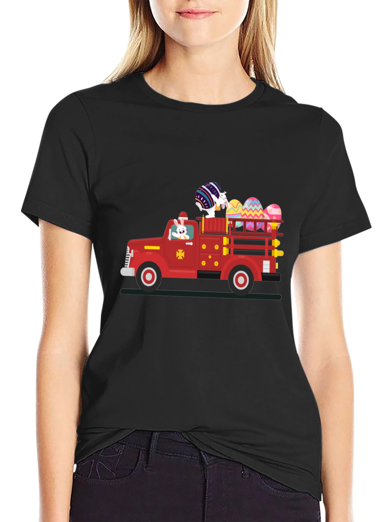 Camiseta Negra con Diseño de Camión de Pascua