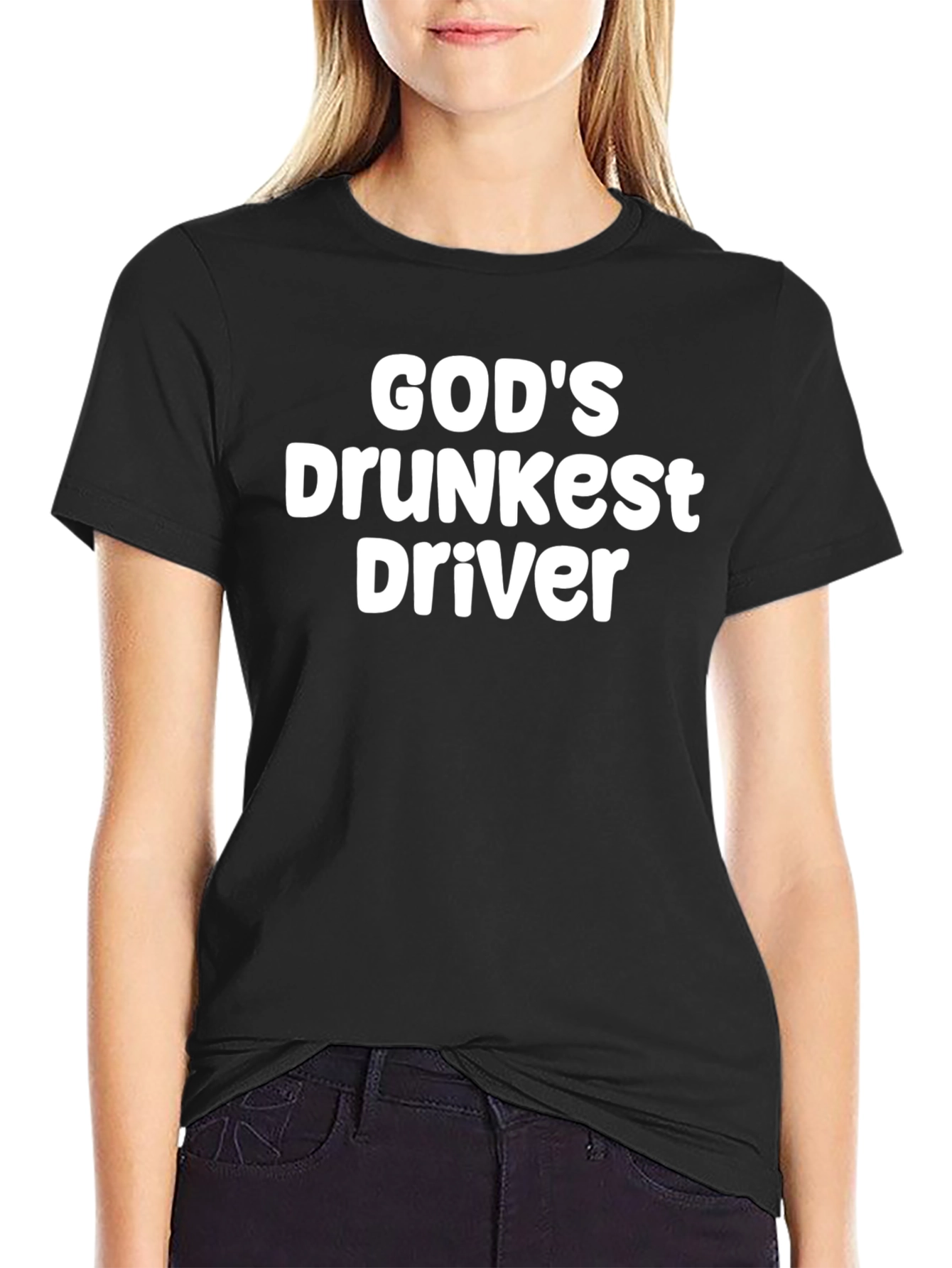 Black God's Drunkest Driver Funny T-Shirt view 2