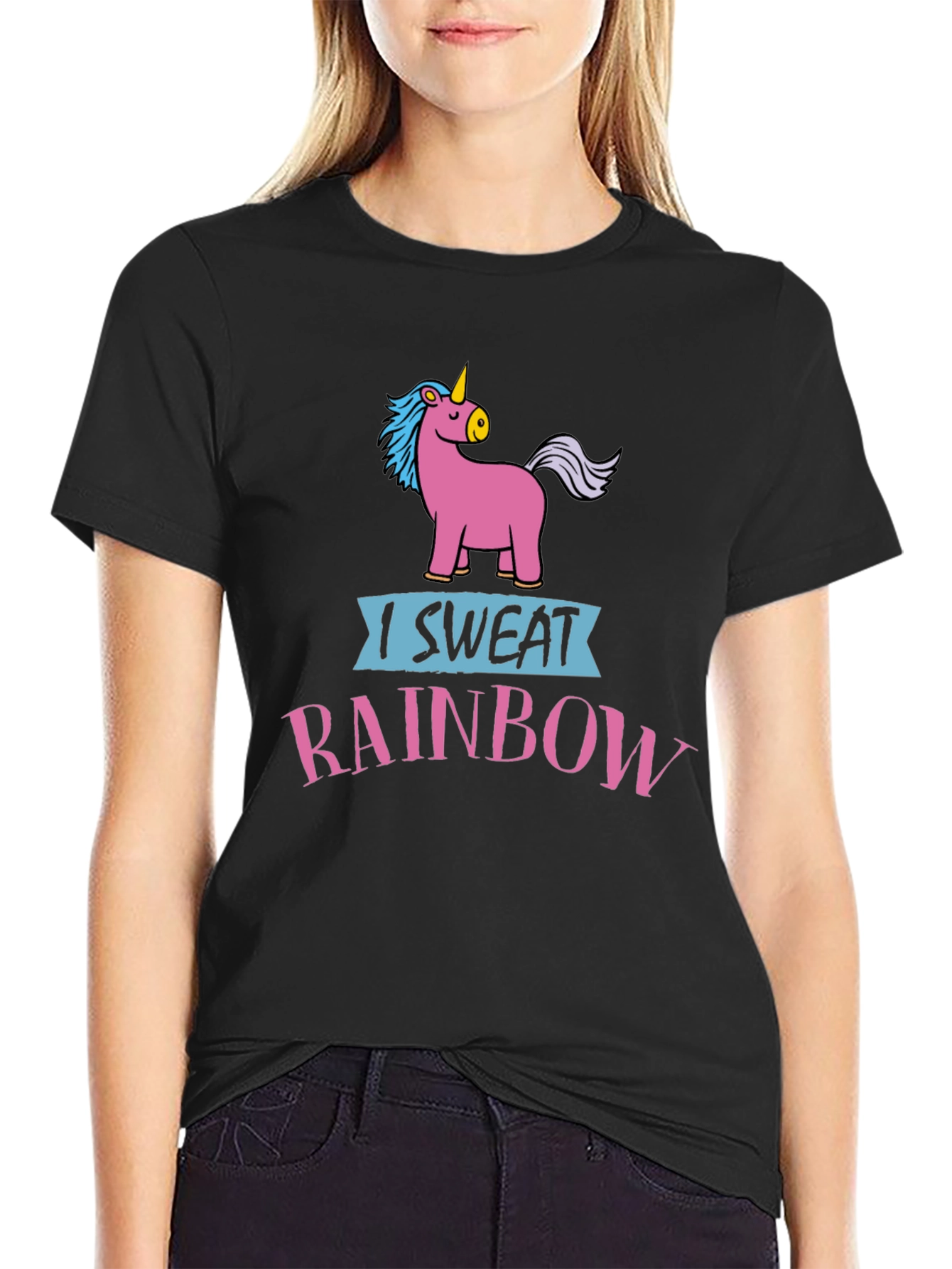 Black I Sweat Rainbows Unicorn T-Shirt Black Cotton view 2