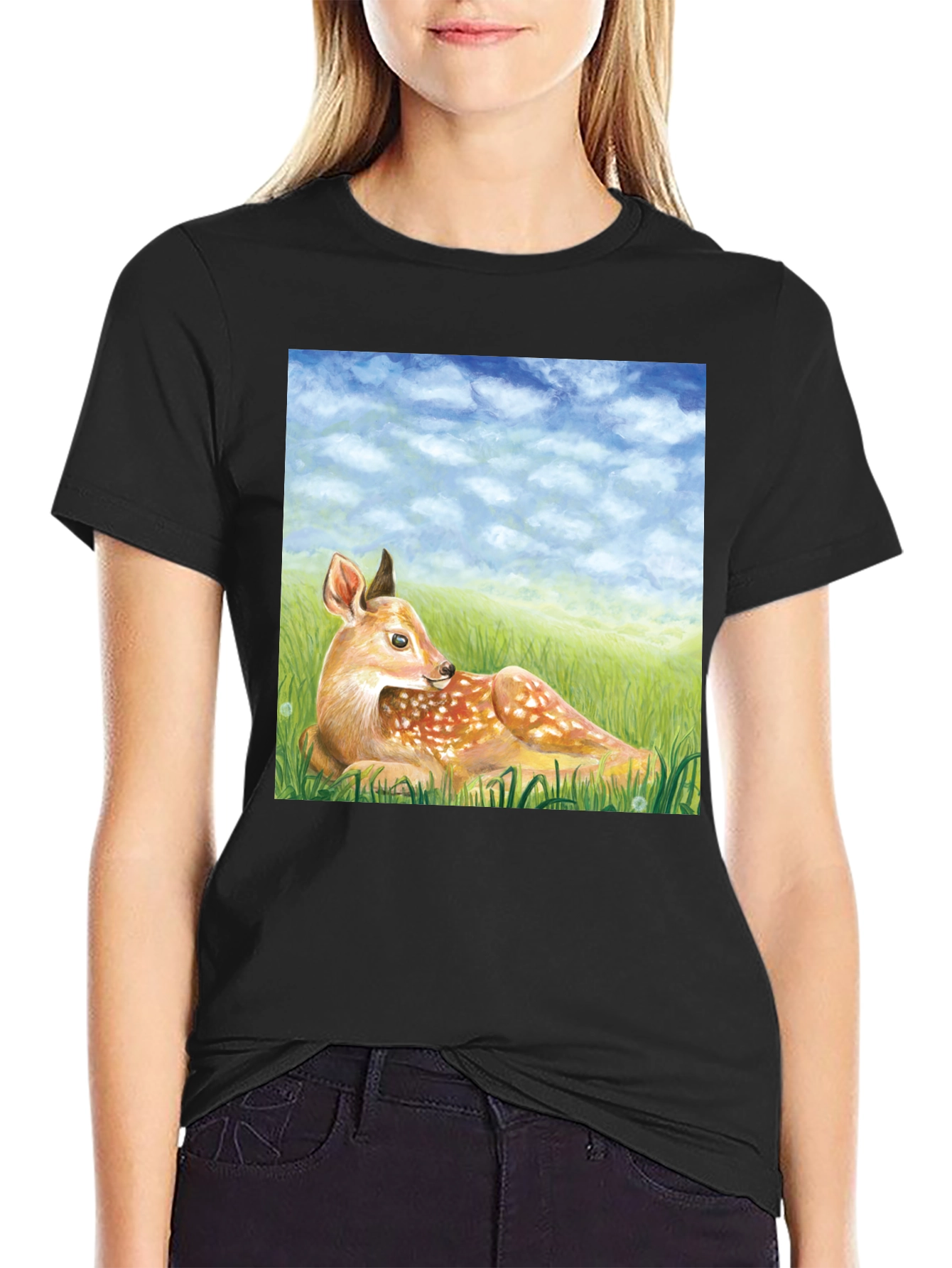 Black Deer Scene Graphic Tee - Nature Lover's T-Shirt view 2