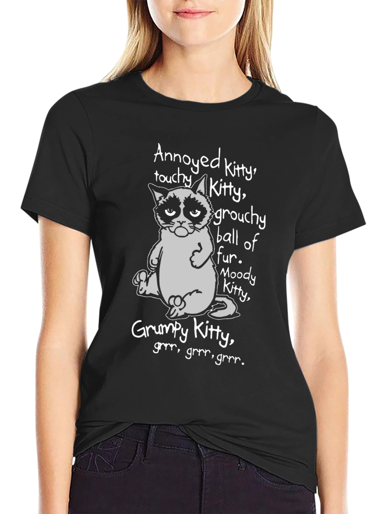 Black Grumpy Kitty Graphic T-Shirt - Annoyed, Moody, Grouchy Cat view 2