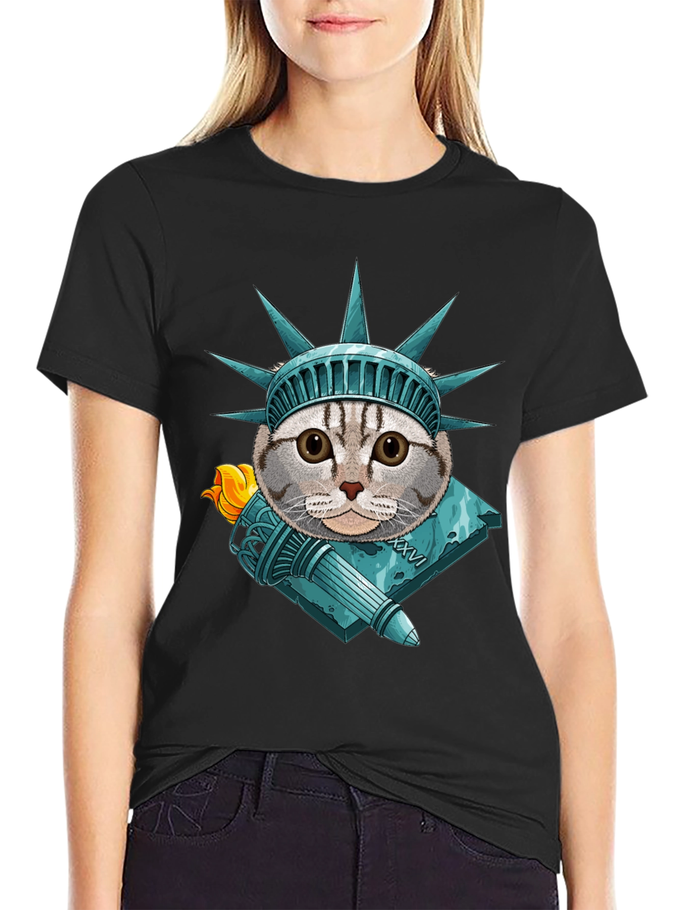 Black Liberty Cat Graphic T-Shirt view 2