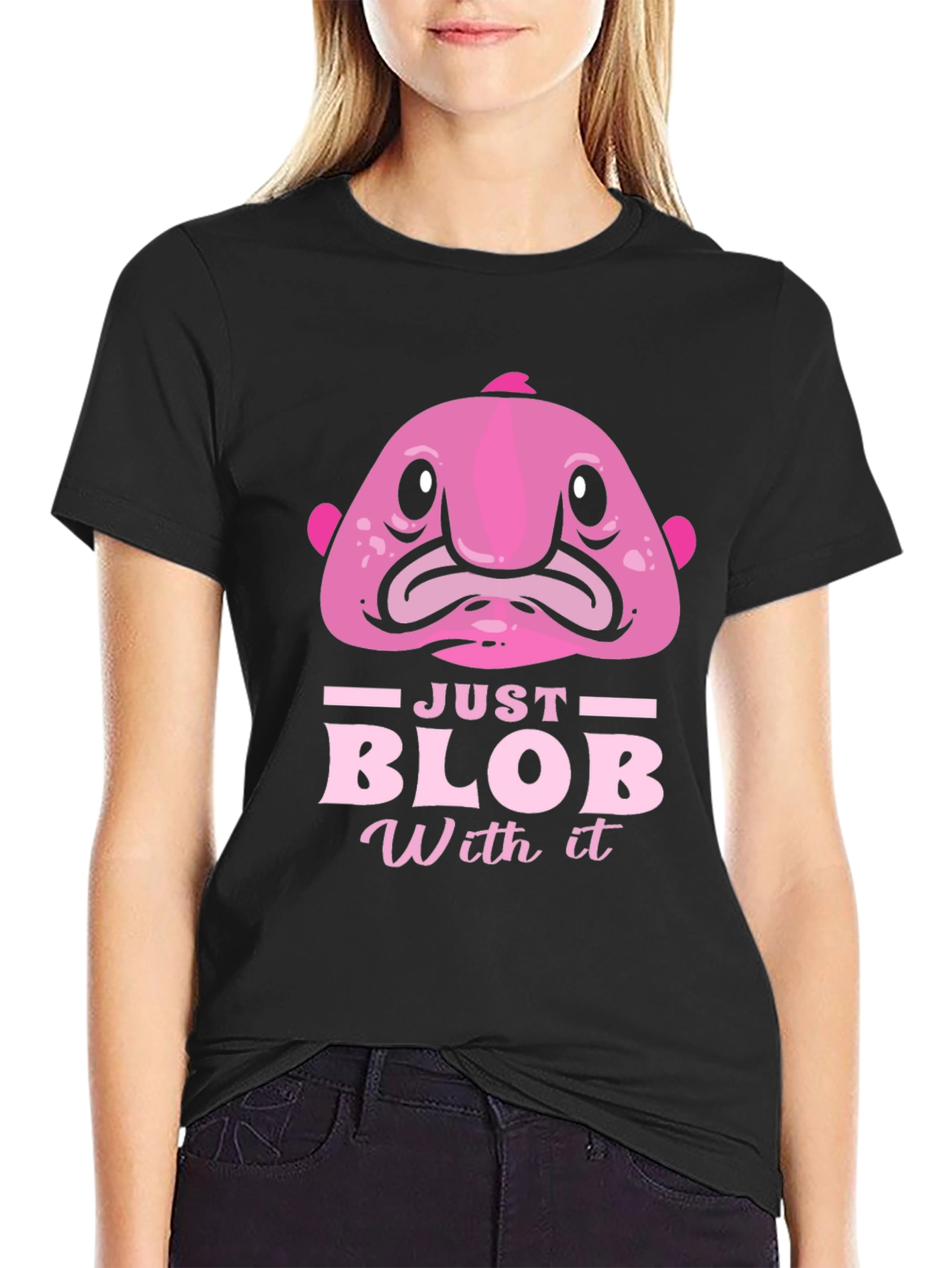 Black Just Blob With It Funny Pink Fish T-Shirt view 2