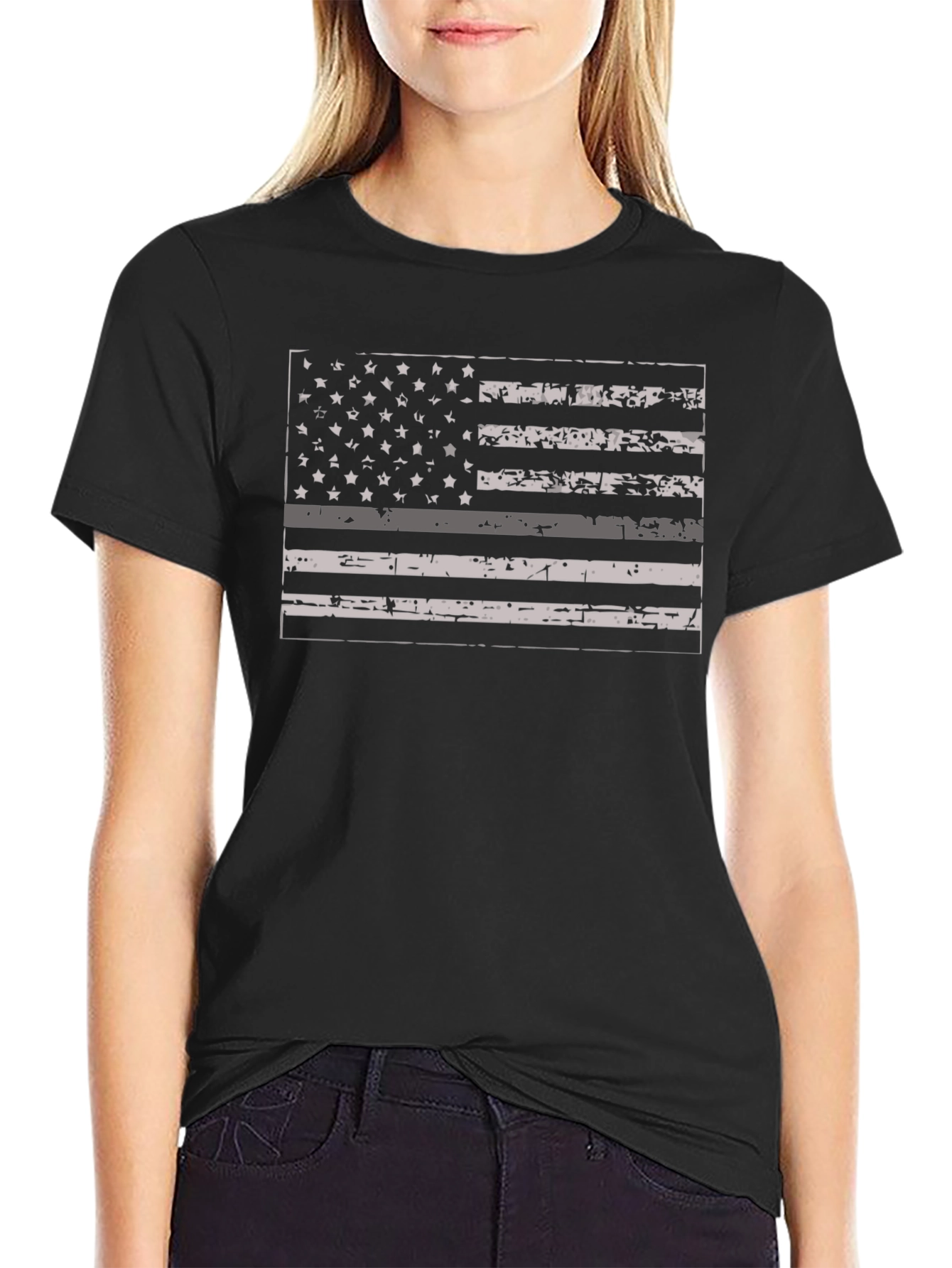 Black Distressed Thin Gray Line American Flag T-Shirt view 2