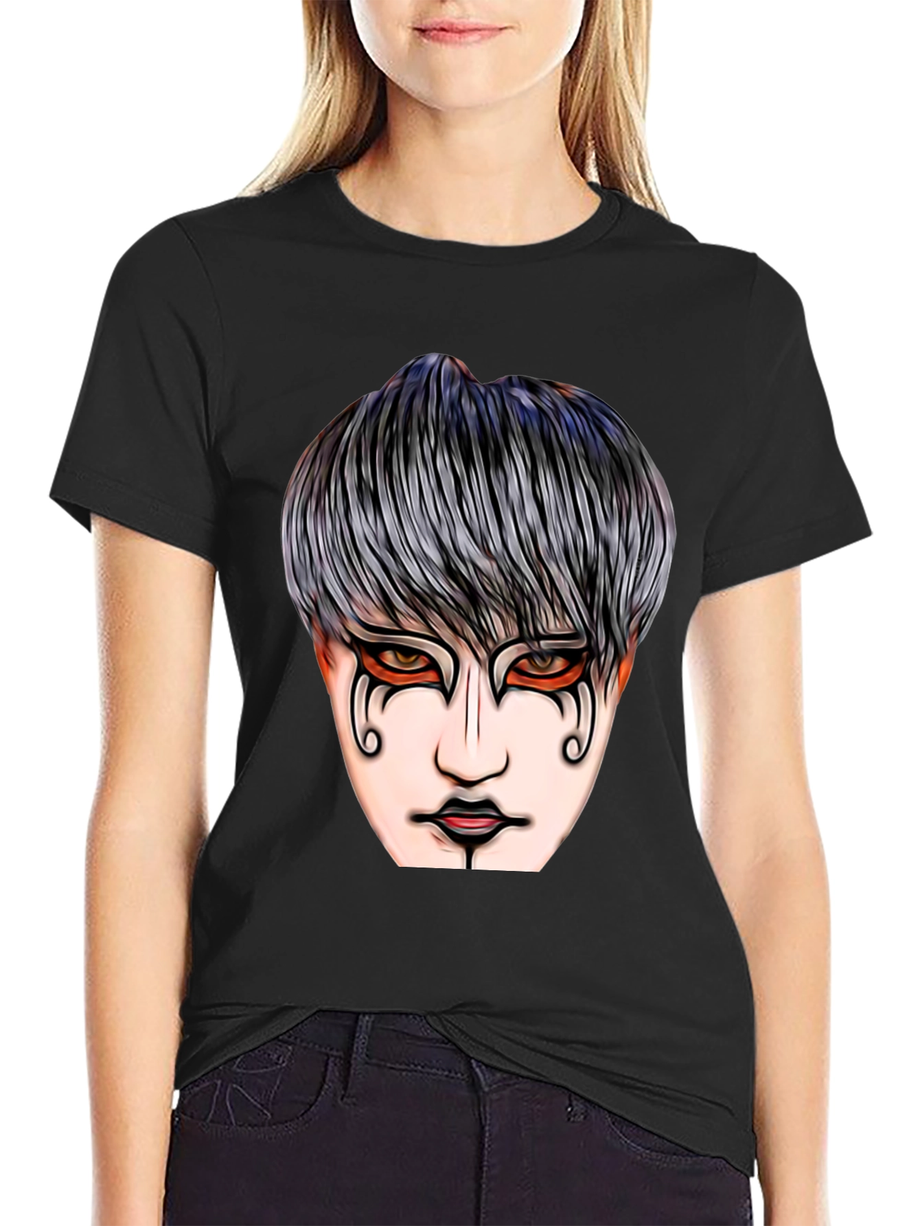 Black Graphic Print T-Shirt with Mysterious Face Design view 2