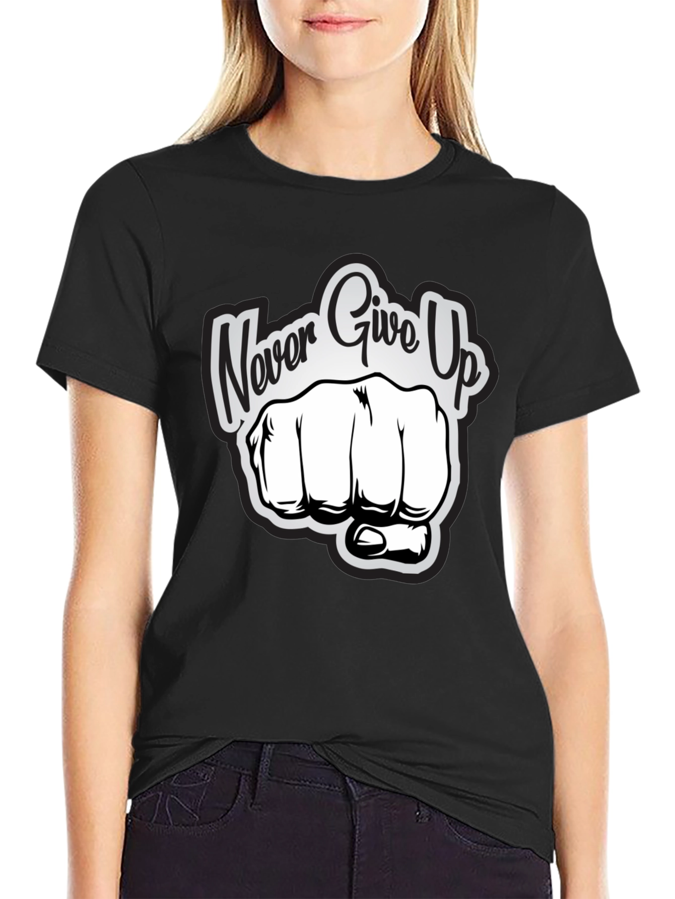 Black Never Give Up Graphic Print T-Shirt view 2