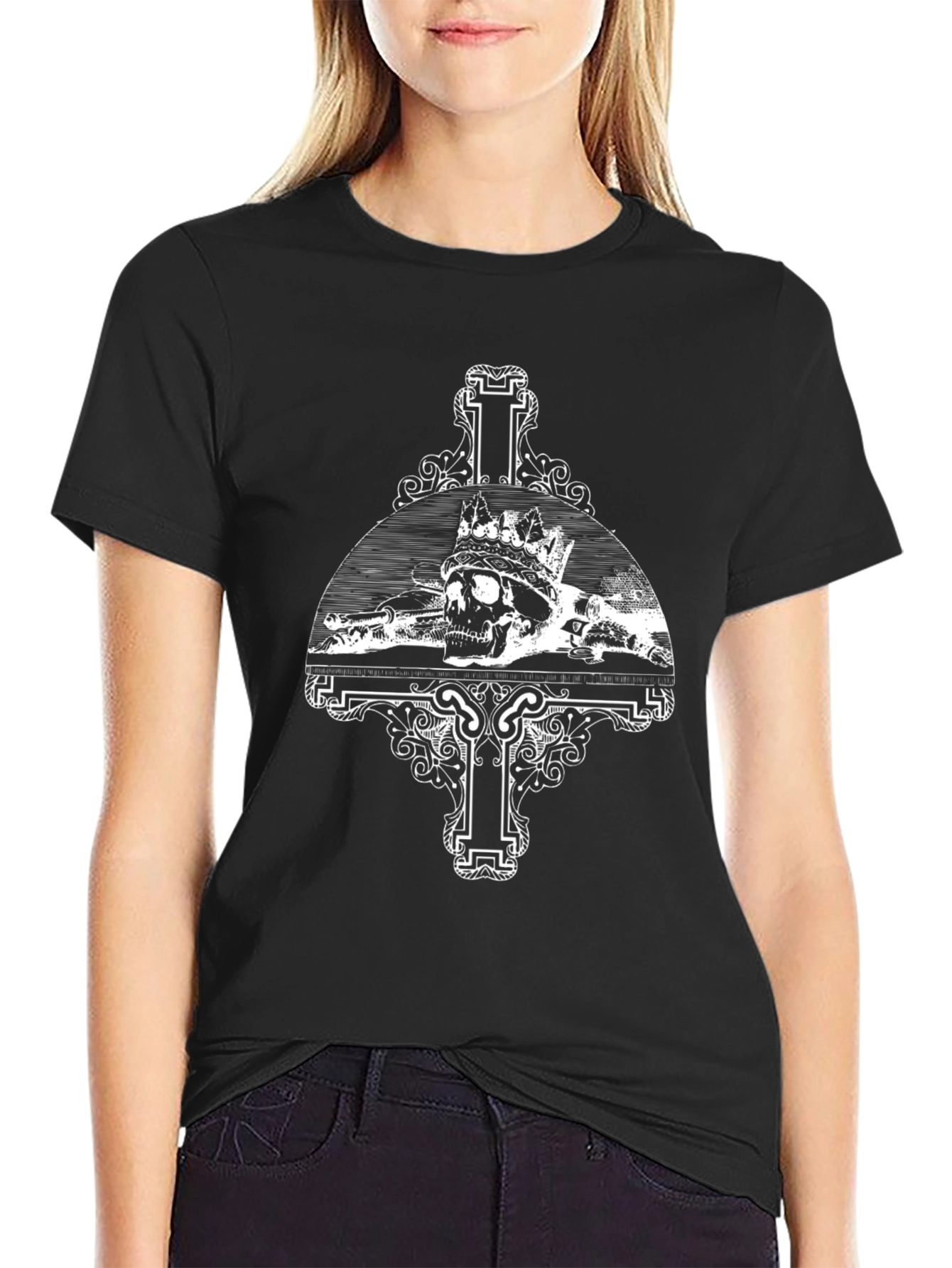 Black Skull Crown Cross Graphic Tee - Black Casual T-Shirt view 2